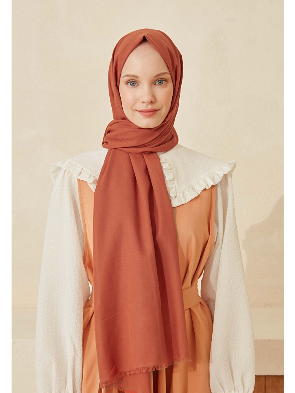 Kahverengi İnce Pamuk Vual Şal Kiremit-1