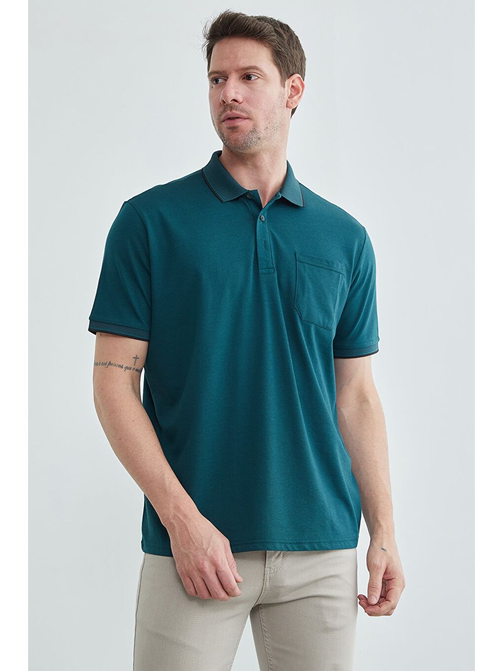Petrol Düğmeli Tek Cepli Polo Yaka Tişört-1