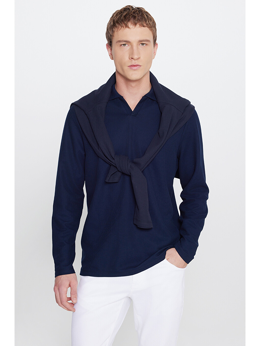 Erkek Lacivert Slim Fit Dar Kesim Polo Yaka Jakarlı Esnek Tişört