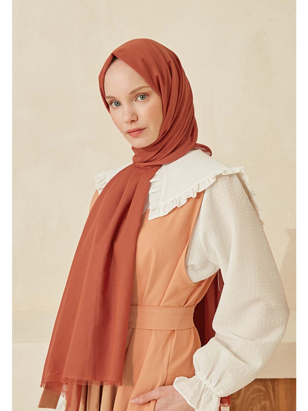 Kahverengi İnce Pamuk Vual Şal Kiremit-2