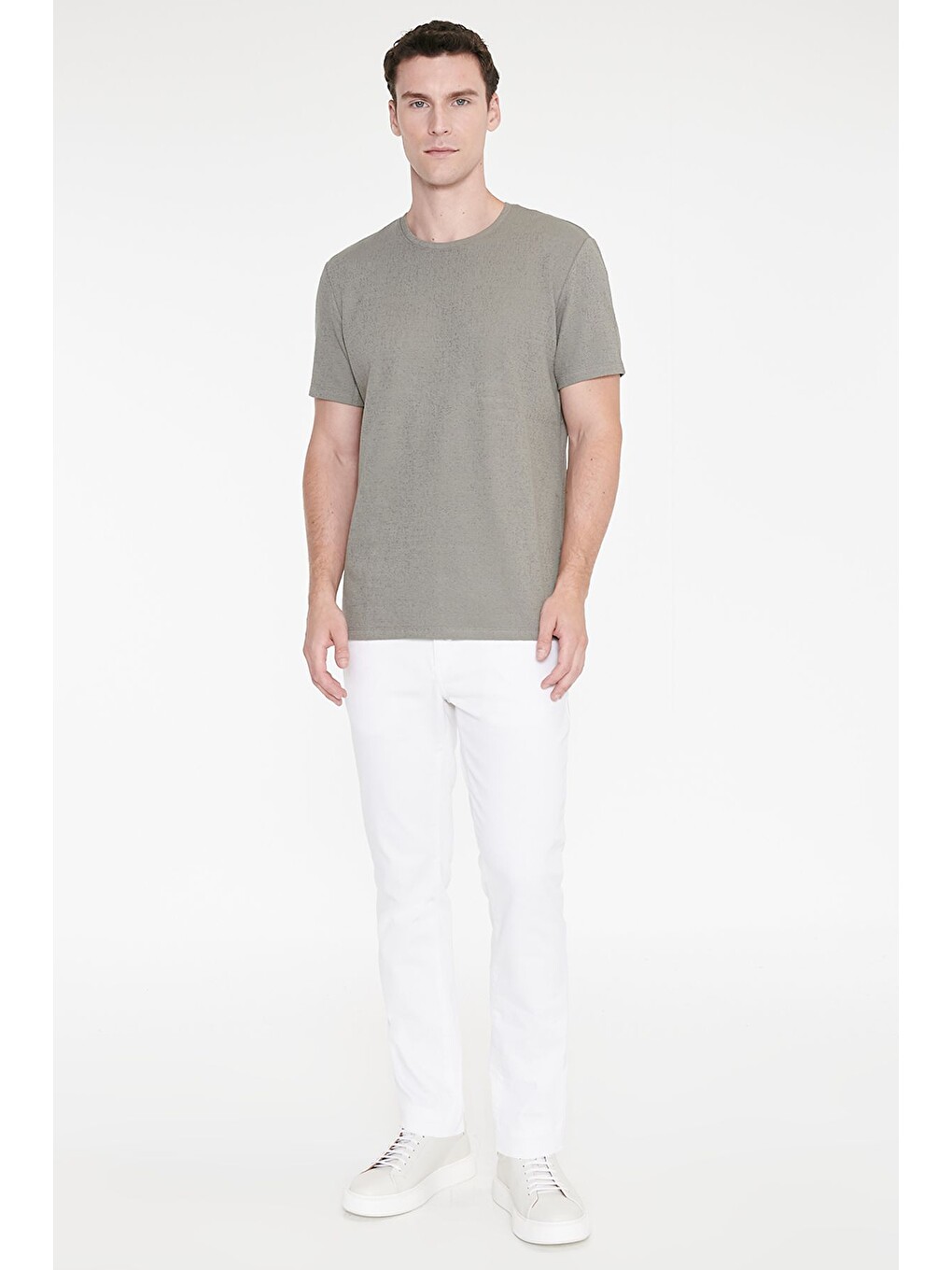 Erkek Haki Pamuklu Slim Fit Bisiklet Yaka Jakarlı Esnek Tişört-1