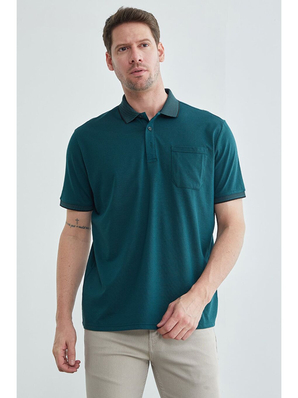 Petrol Düğmeli Tek Cepli Polo Yaka Tişört-2