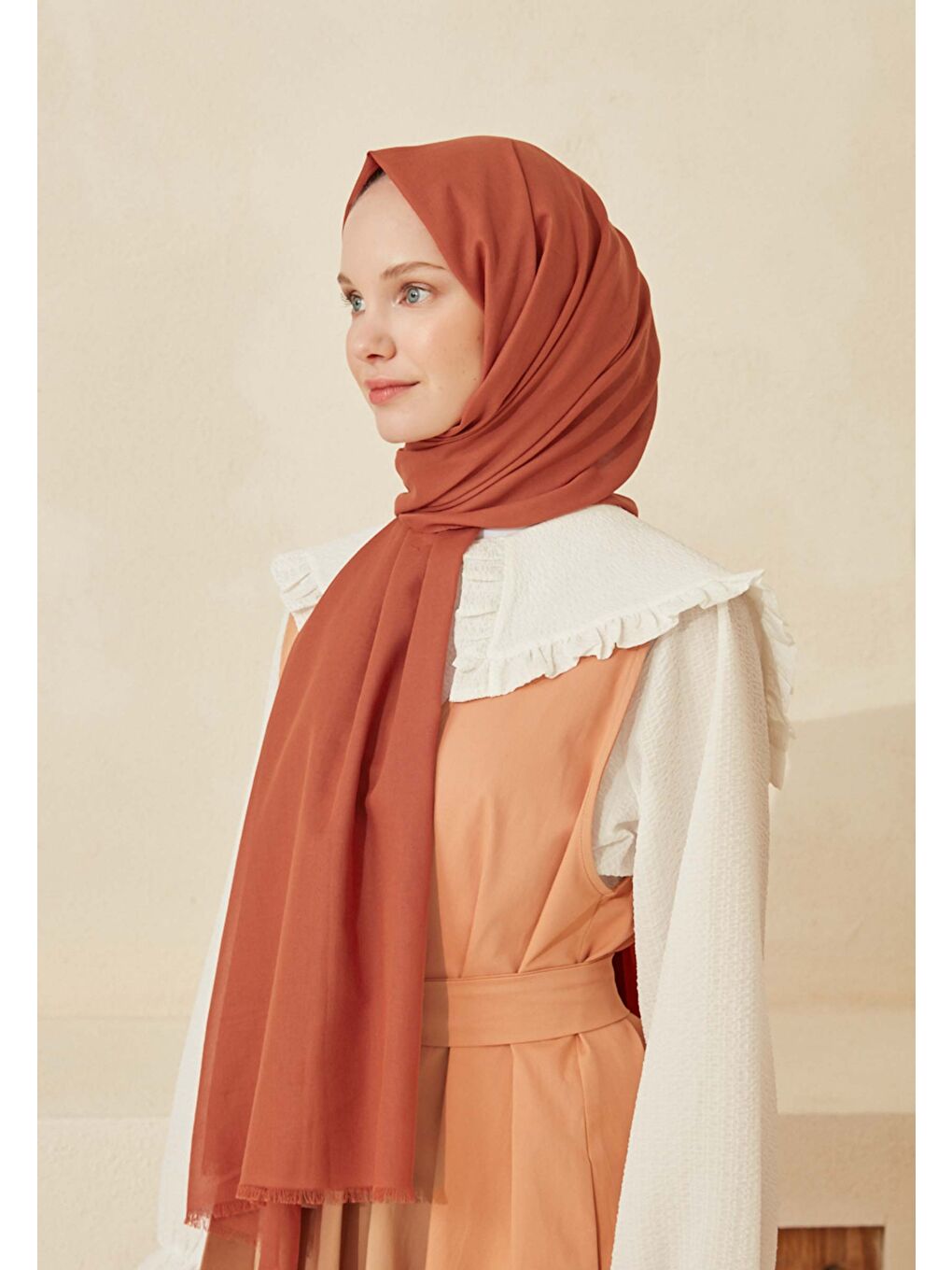 Kahverengi İnce Pamuk Vual Şal Kiremit-3