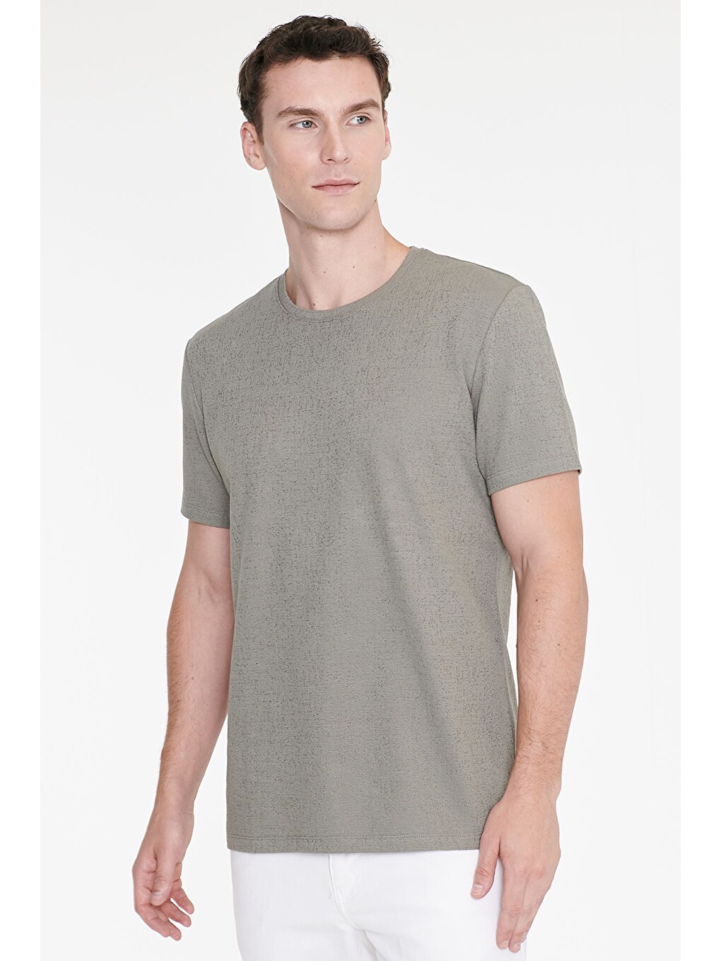 Erkek Haki Pamuklu Slim Fit Bisiklet Yaka Jakarlı Esnek Tişört-2
