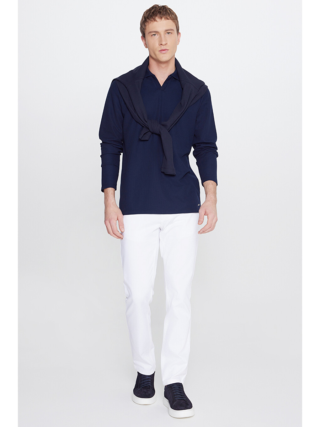 Erkek Lacivert Slim Fit Dar Kesim Polo Yaka Jakarlı Esnek Tişört-1