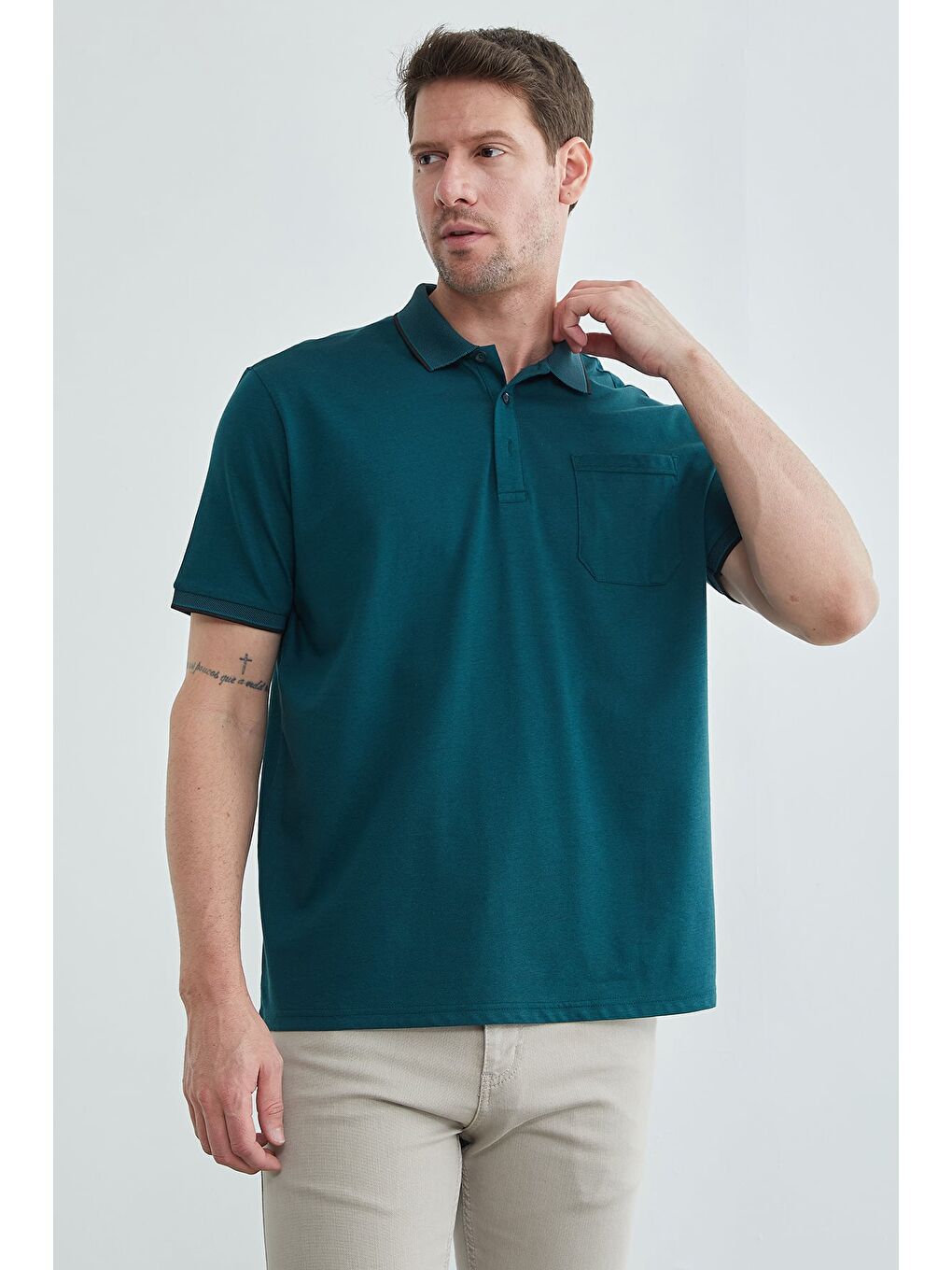 Petrol Düğmeli Tek Cepli Polo Yaka Tişört-3
