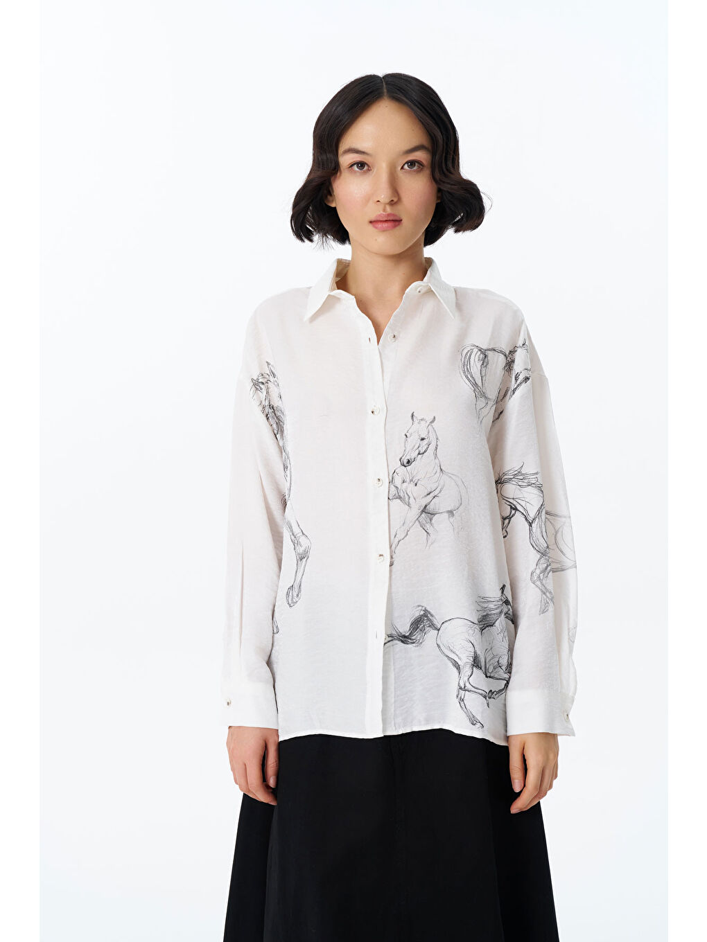 Lila At Desenli Düğmeli Gömlek Ekru-Siyah