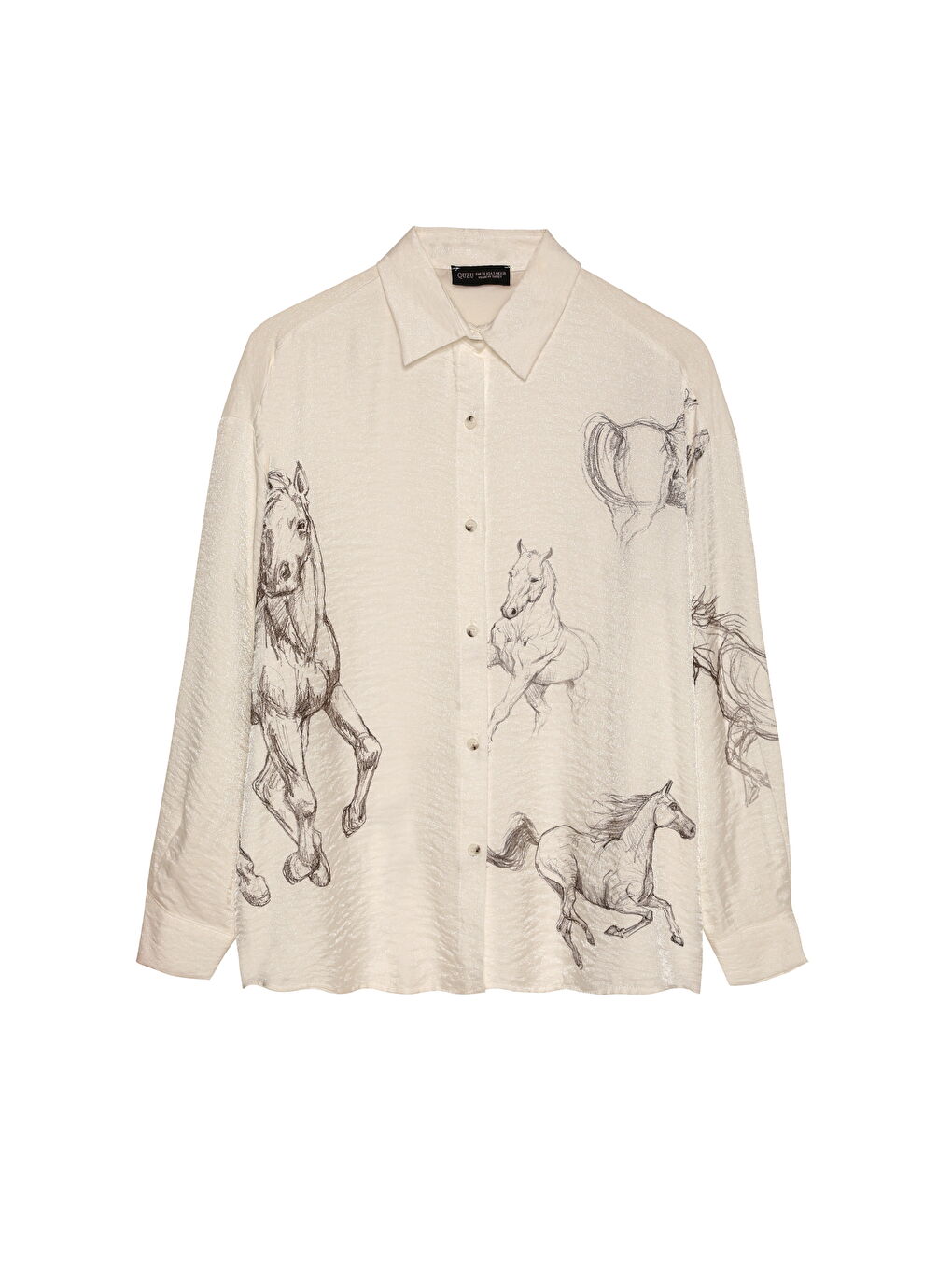 Lila At Desenli Düğmeli Gömlek Ekru-Siyah-1