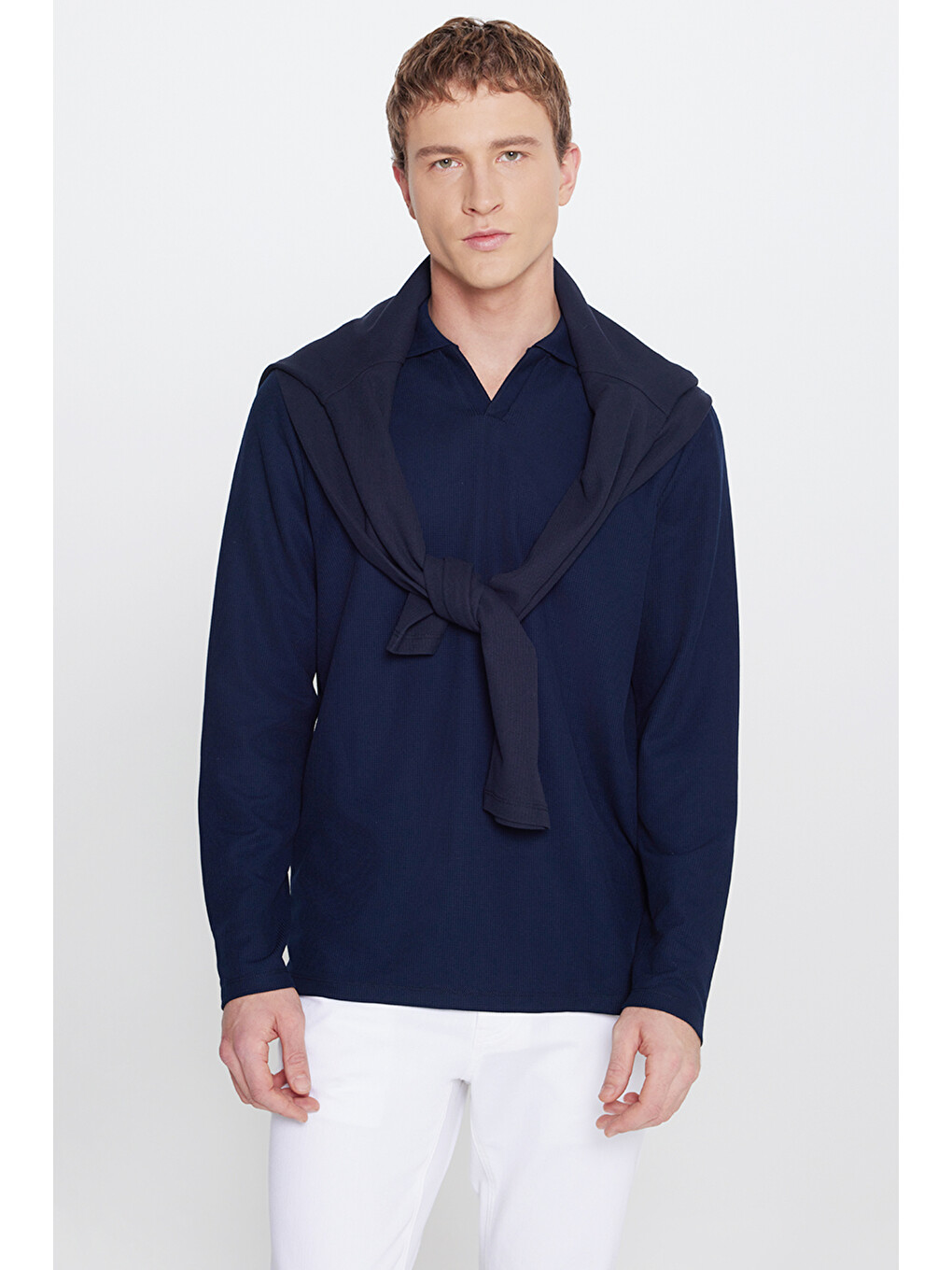 Erkek Lacivert Slim Fit Dar Kesim Polo Yaka Jakarlı Esnek Tişört-2