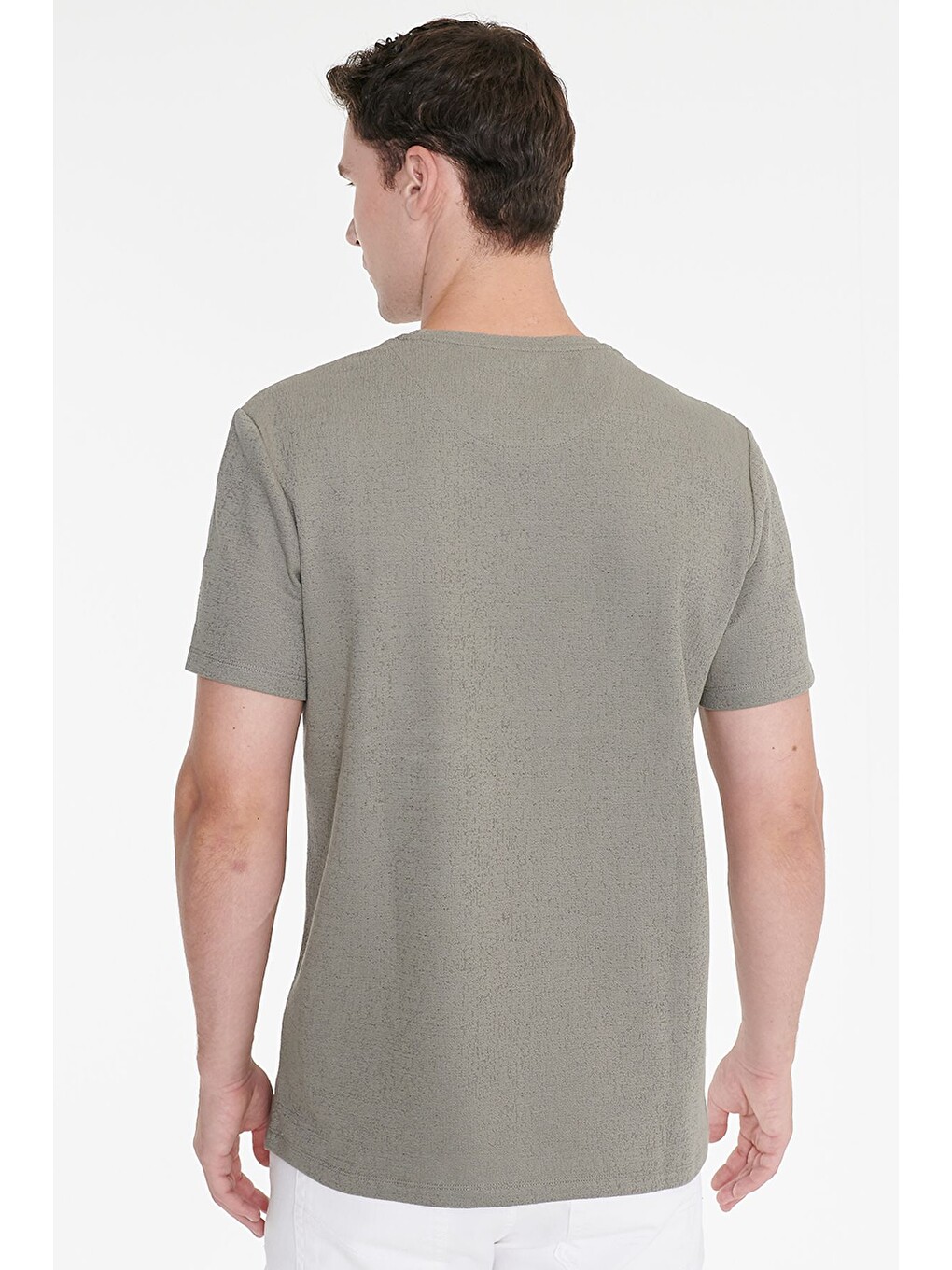 Erkek Haki Pamuklu Slim Fit Bisiklet Yaka Jakarlı Esnek Tişört-4