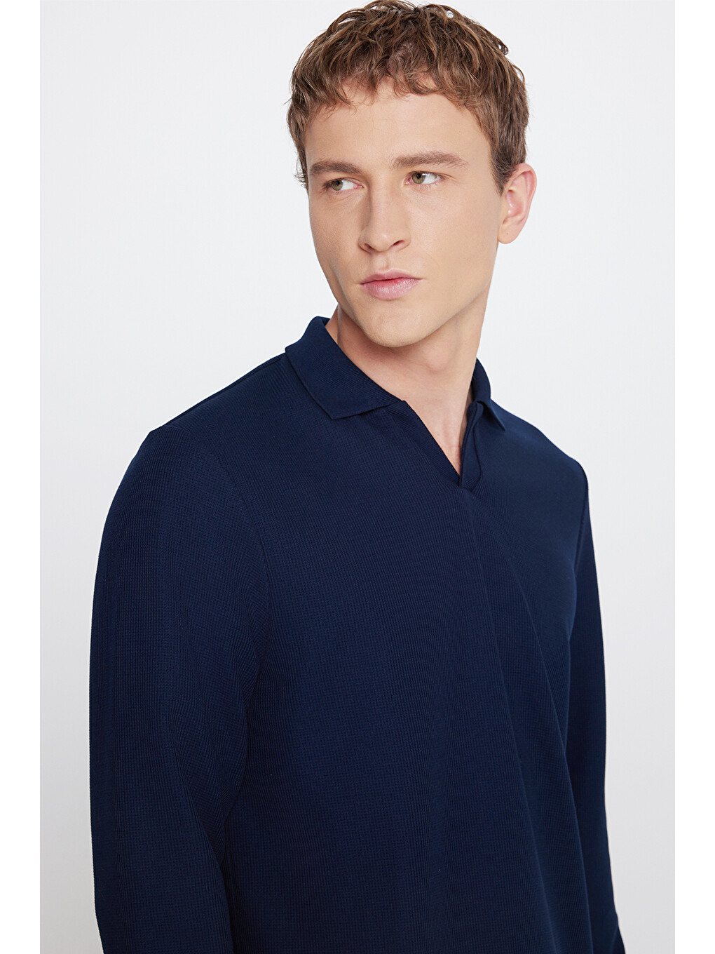 Erkek Lacivert Slim Fit Dar Kesim Polo Yaka Jakarlı Esnek Tişört-3