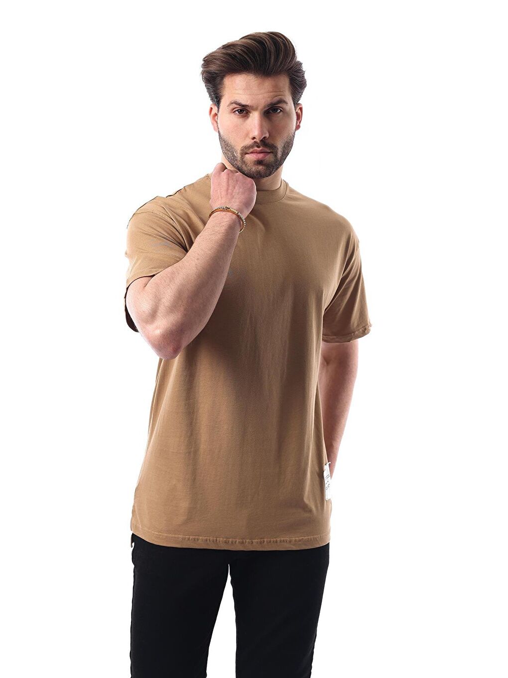 Bej Vizon Bisiklet Yaka Pamuklu Arma Deyatlı Overfit Tişört 7019