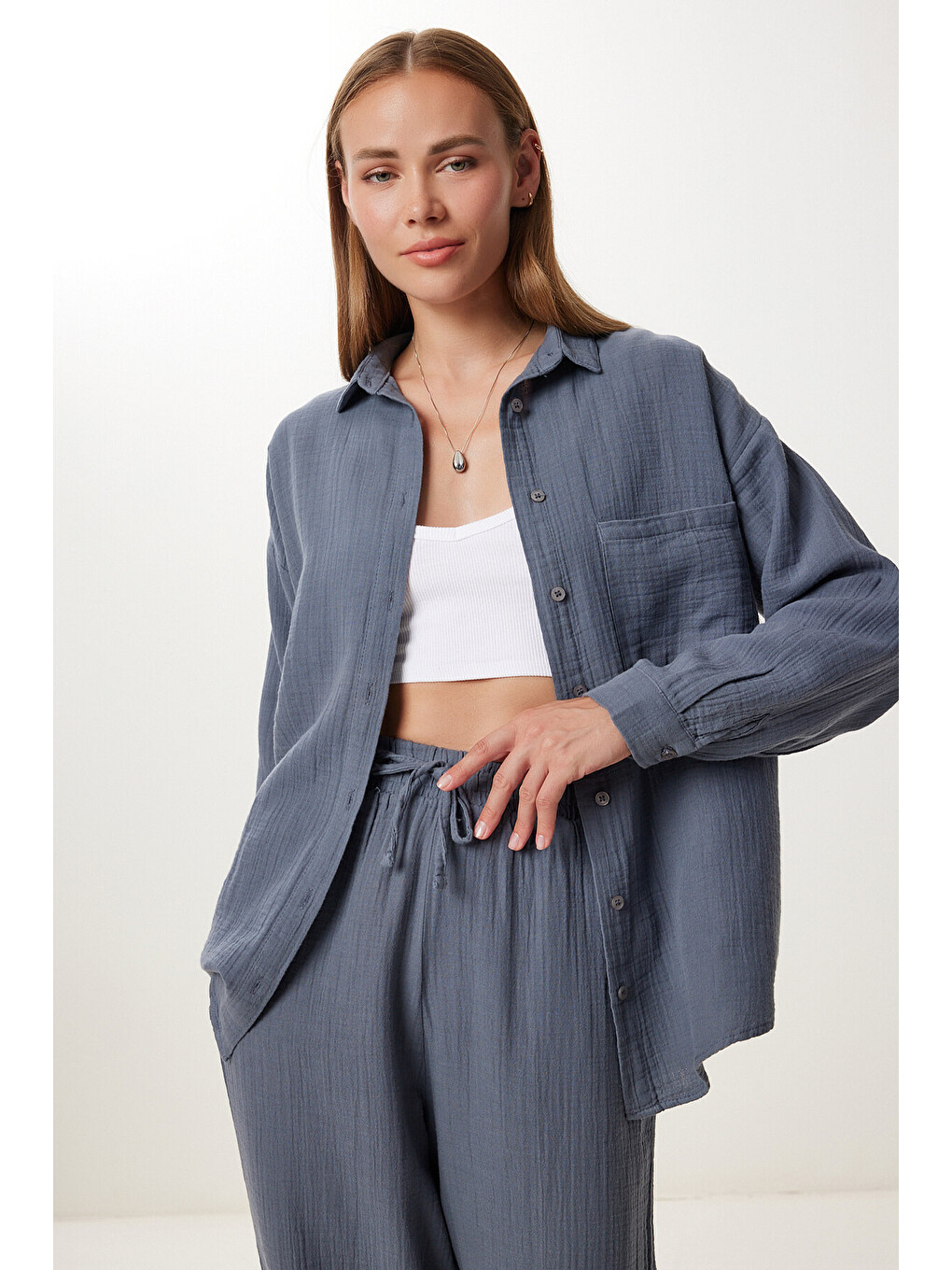 Antrasit Oversize Müslin Gömlek Pantolon Takım ANTRASİT LSA0014-2