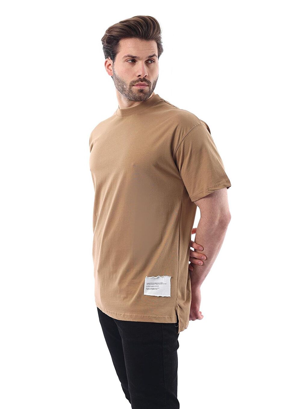 Bej Vizon Bisiklet Yaka Pamuklu Arma Deyatlı Overfit Tişört 7019-1