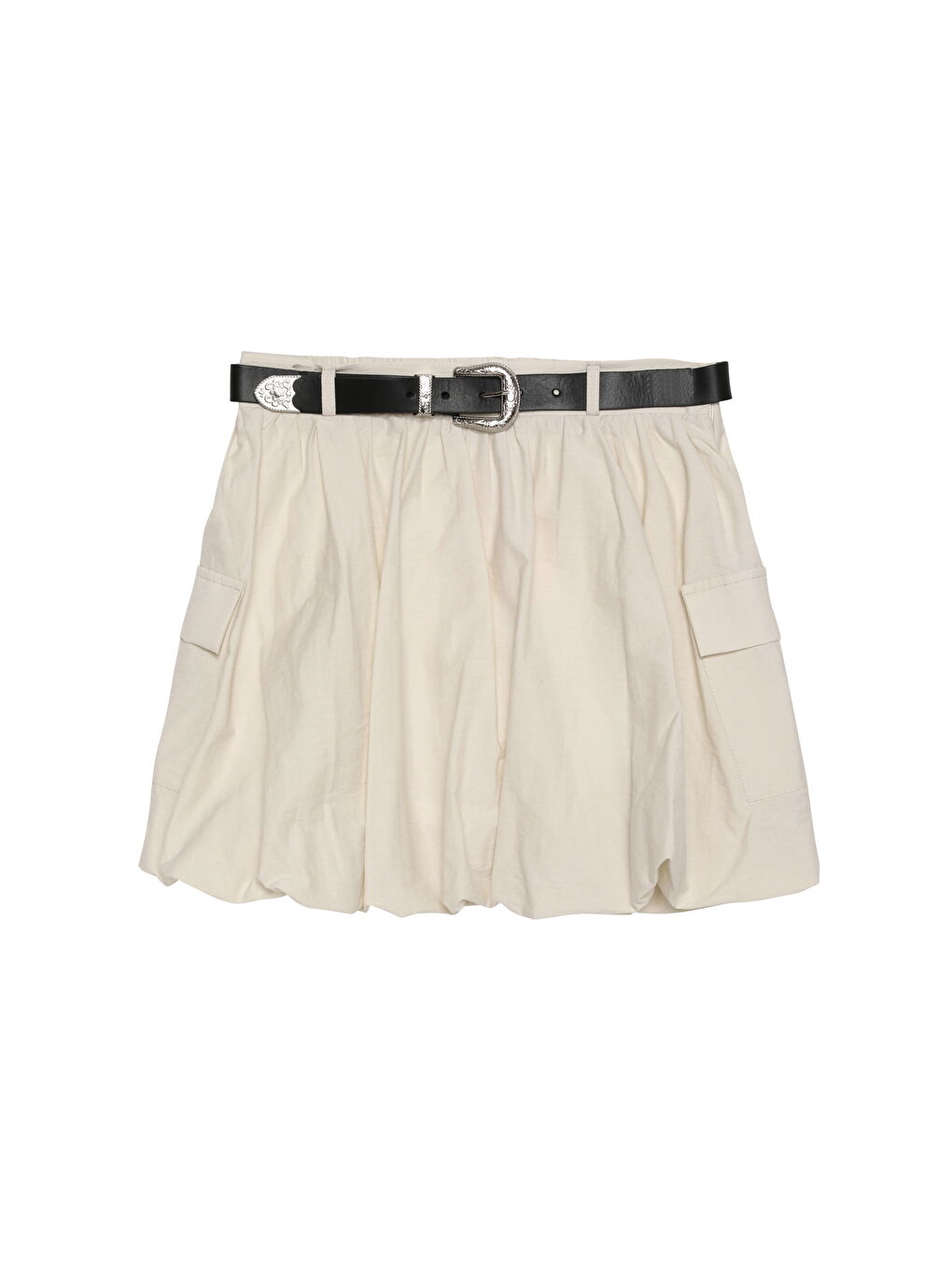 Bej Kemer Aksesuarlı Cepli Mini Balon Etek Taş-1