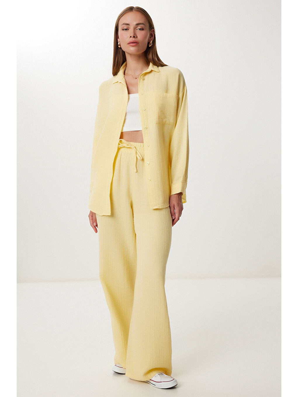 Sarı Oversize Müslin Gömlek Pantolon Takım SARI LSA0014