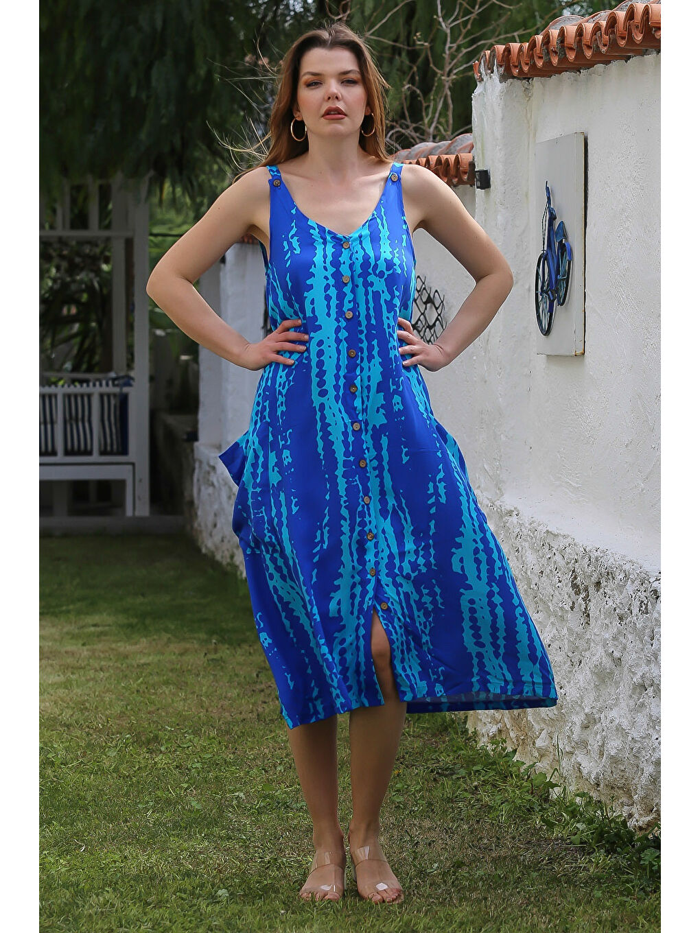Turkuaz Askılı Düğmeli Cepli Allover Baskılı Casual Viskon Dokuma Elbise 115 60
