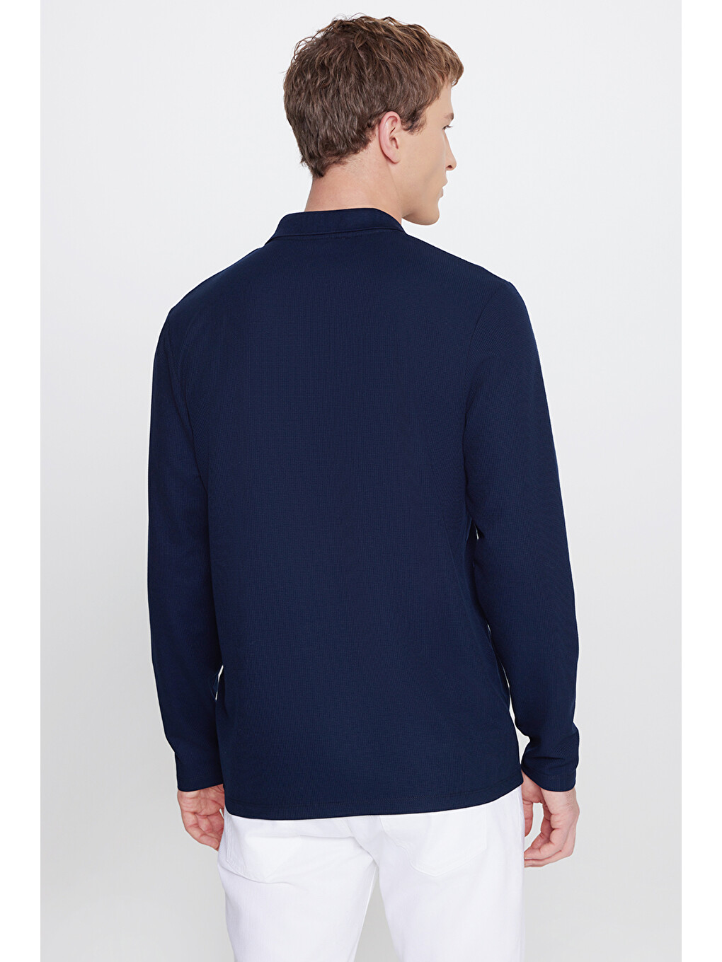 Erkek Lacivert Slim Fit Dar Kesim Polo Yaka Jakarlı Esnek Tişört-4
