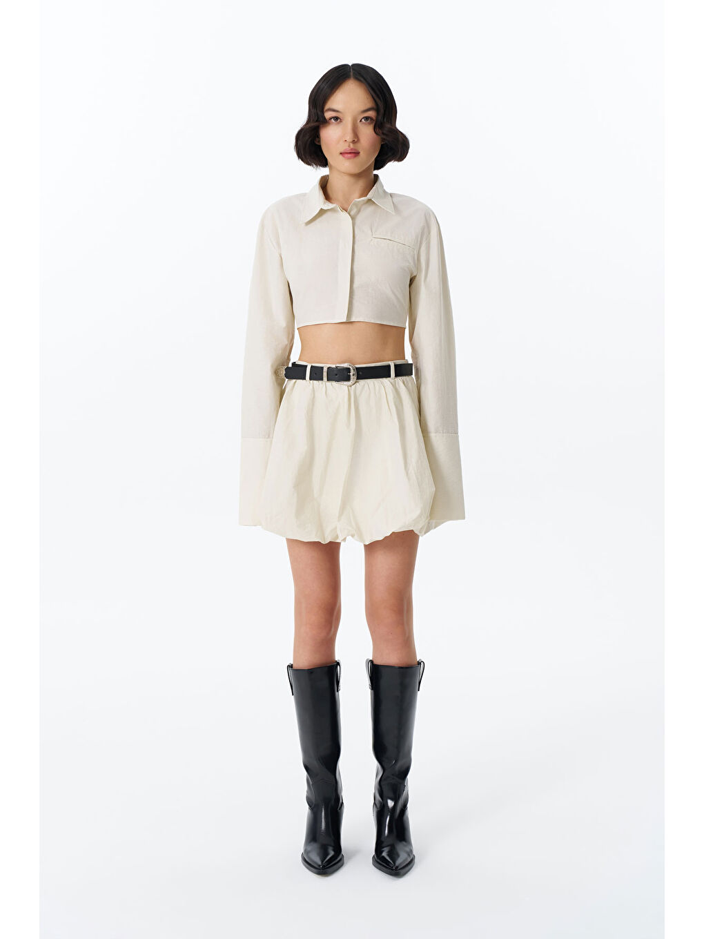 Bej Kemer Aksesuarlı Cepli Mini Balon Etek Taş-2