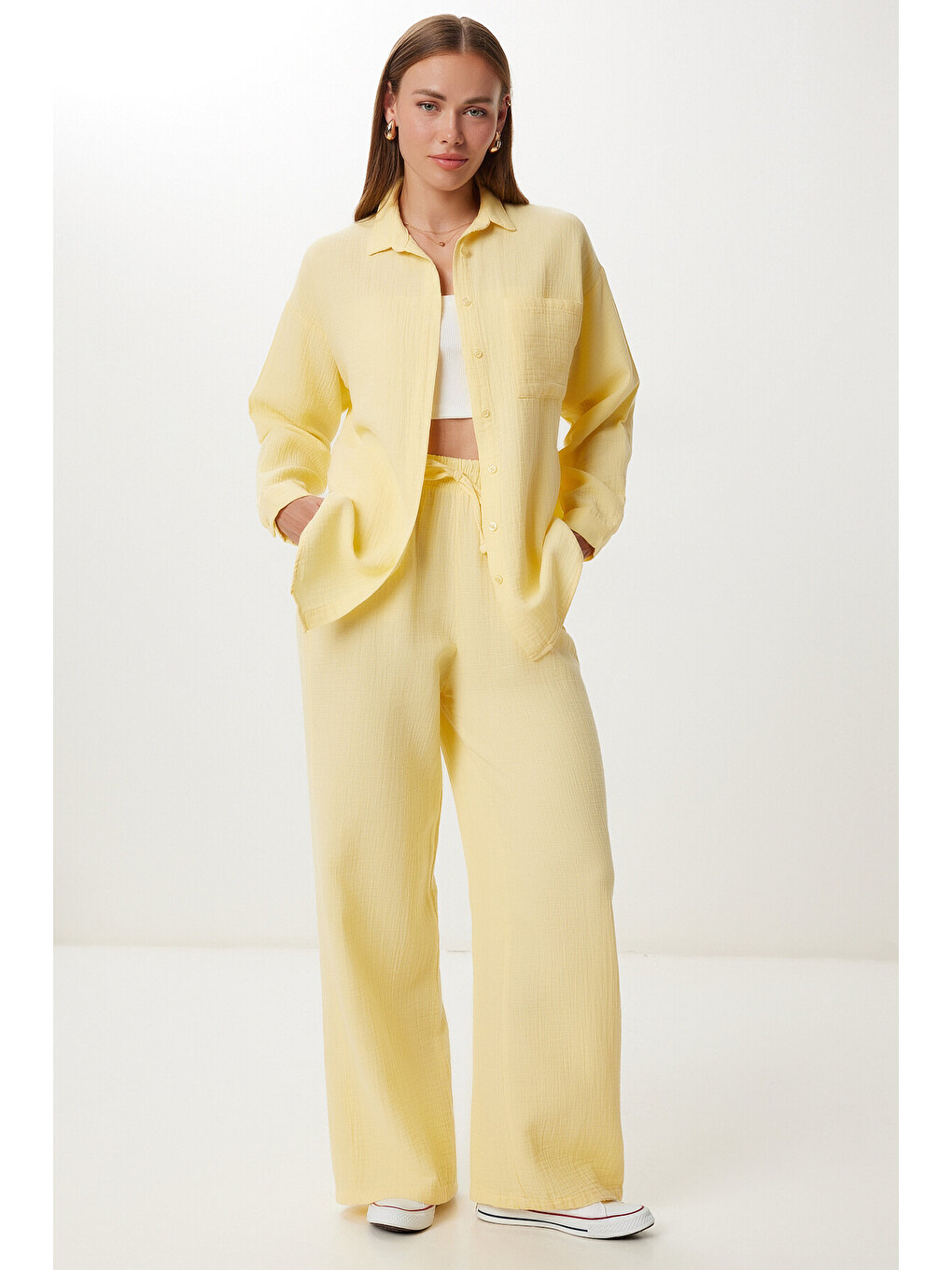 Sarı Oversize Müslin Gömlek Pantolon Takım SARI LSA0014-1