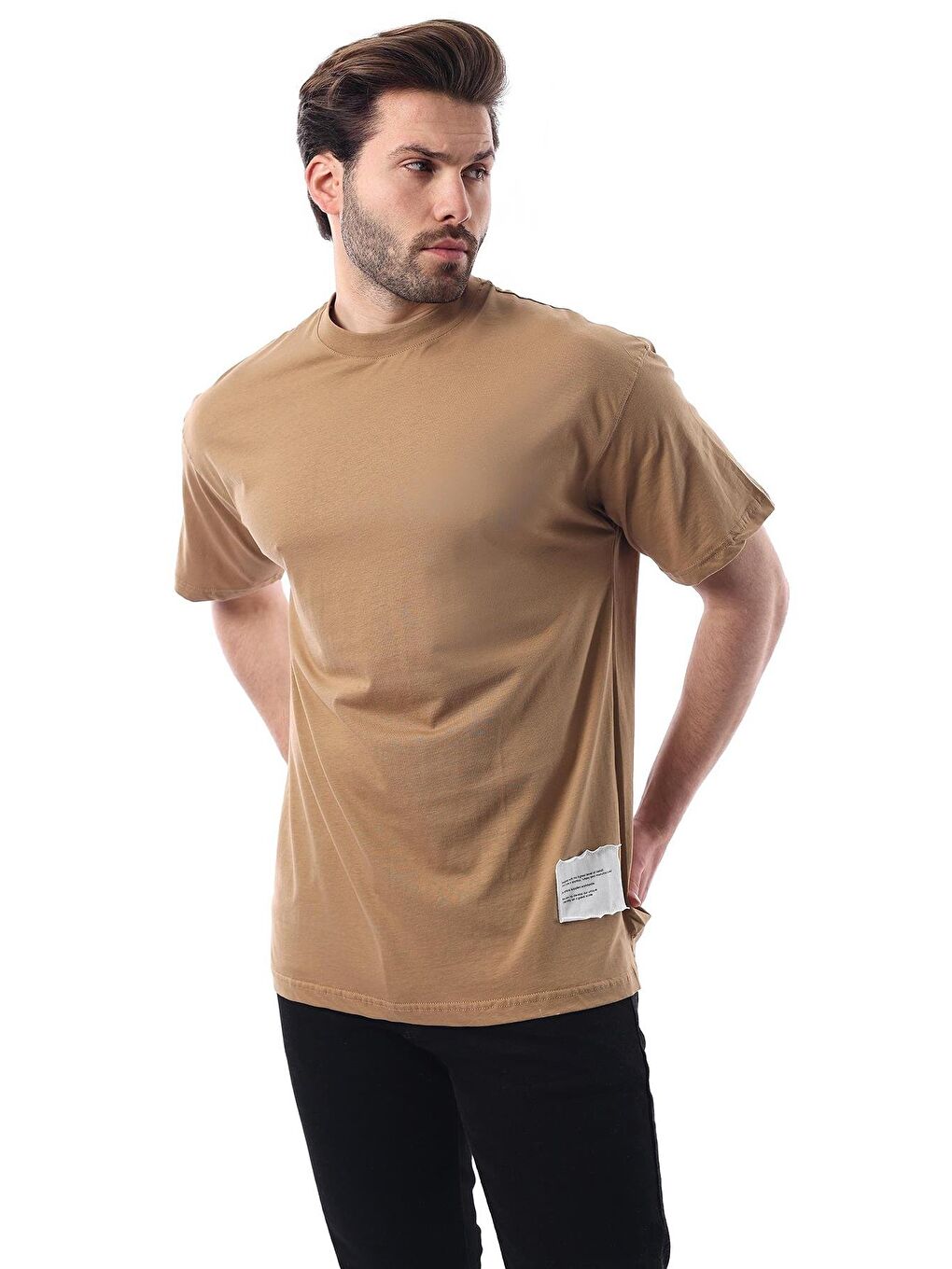 Bej Vizon Bisiklet Yaka Pamuklu Arma Deyatlı Overfit Tişört 7019-2