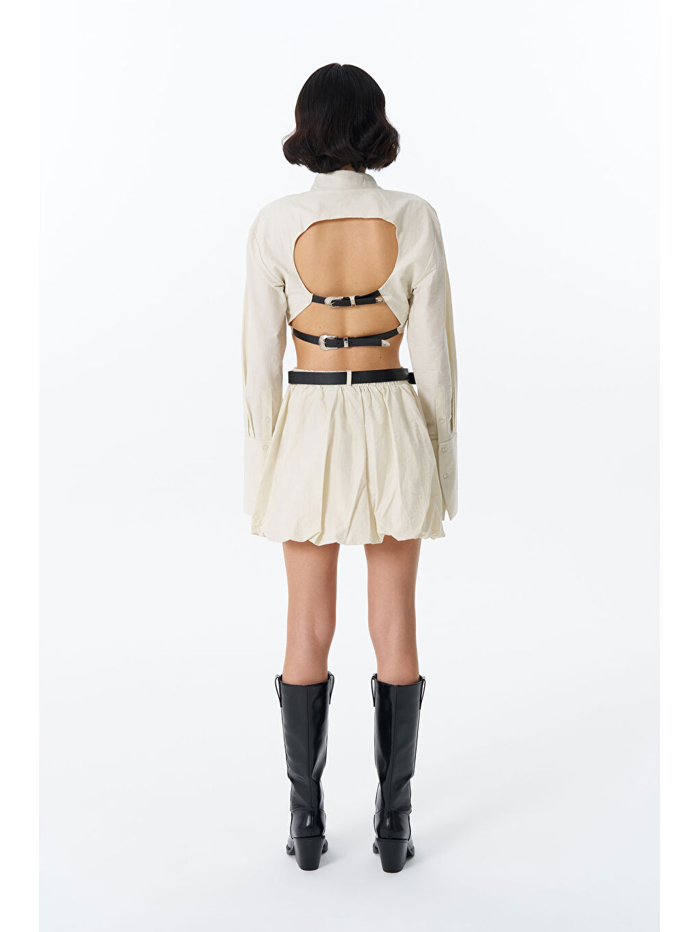 Bej Kemer Aksesuarlı Cepli Mini Balon Etek Taş-4