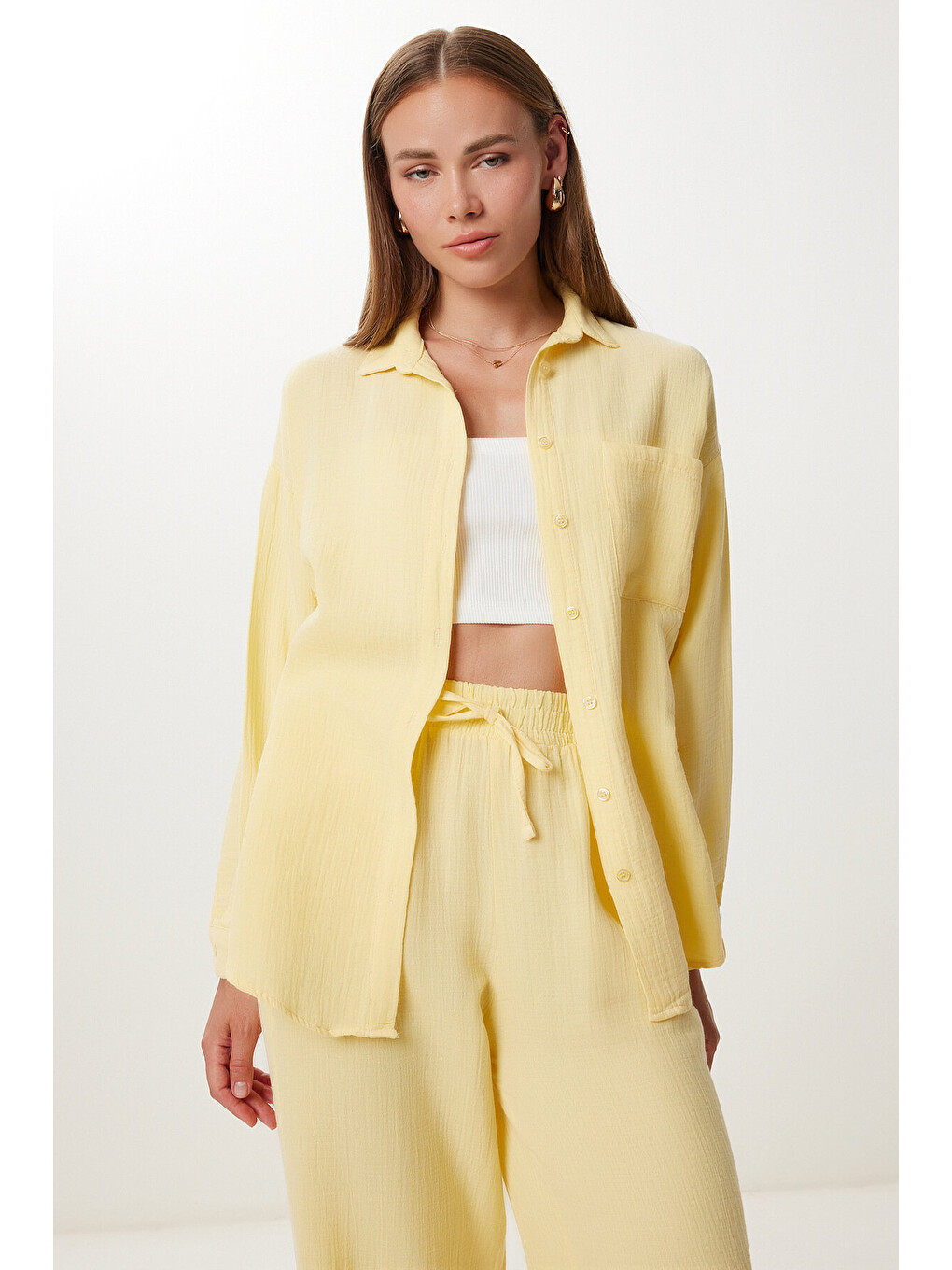 Sarı Oversize Müslin Gömlek Pantolon Takım SARI LSA0014-2