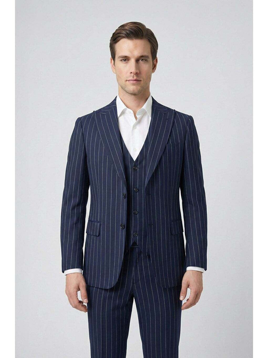 Giotelli Lacivert Slim Fit Çizgili Mono Yaka Yelekli 6 Drop Tam Astarlı Erkek Takım Elbise