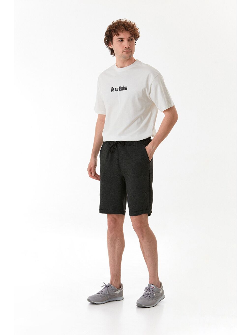 Antrasit Kırçıllı Beli Lastikli Duble Paça Cepli Şort-2