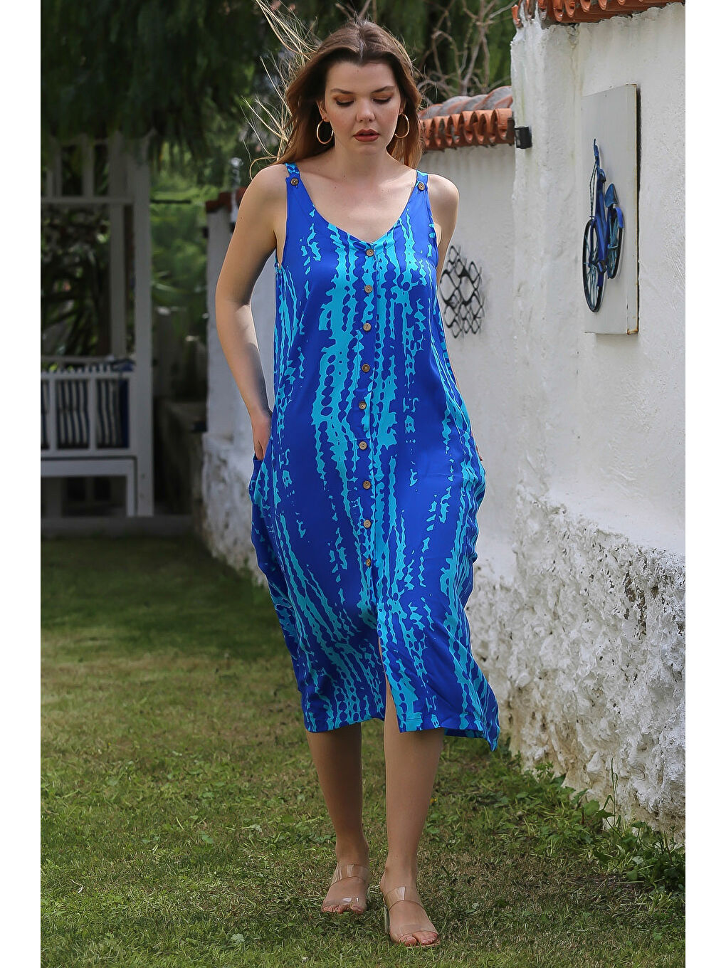 Turkuaz Askılı Düğmeli Cepli Allover Baskılı Casual Viskon Dokuma Elbise 115 60-3