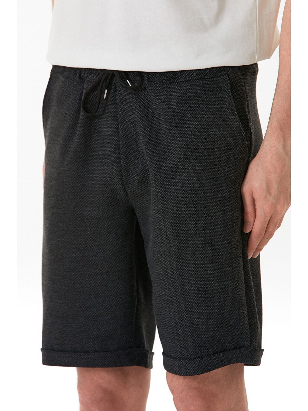 Antrasit Kırçıllı Beli Lastikli Duble Paça Cepli Şort-4