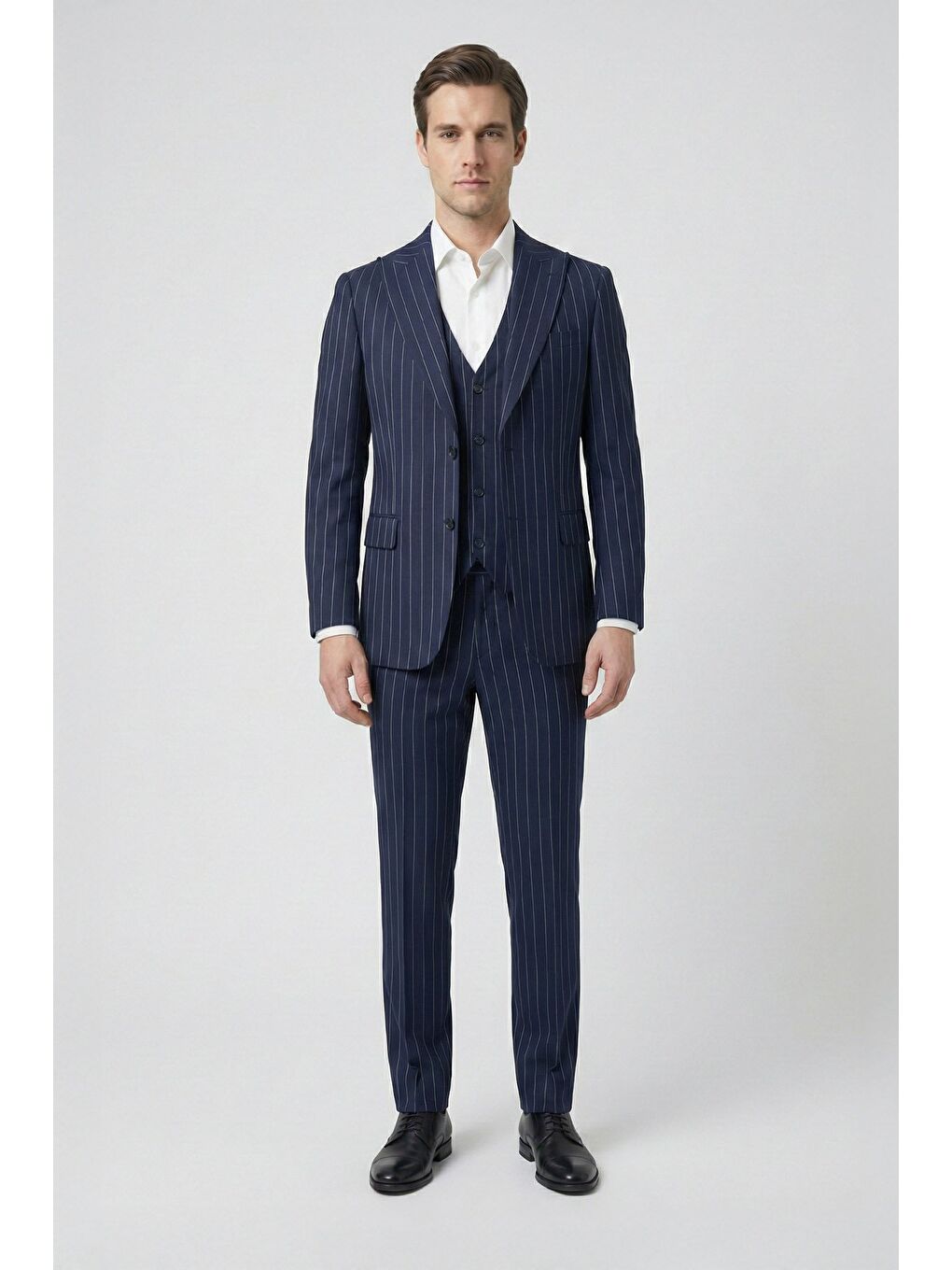 Giotelli Lacivert Slim Fit Çizgili Mono Yaka Yelekli 6 Drop Tam Astarlı Erkek Takım Elbise-1