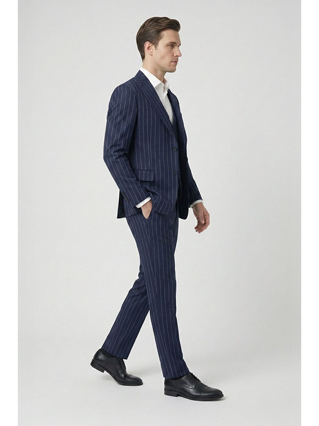 Giotelli Lacivert Slim Fit Çizgili Mono Yaka Yelekli 6 Drop Tam Astarlı Erkek Takım Elbise-2