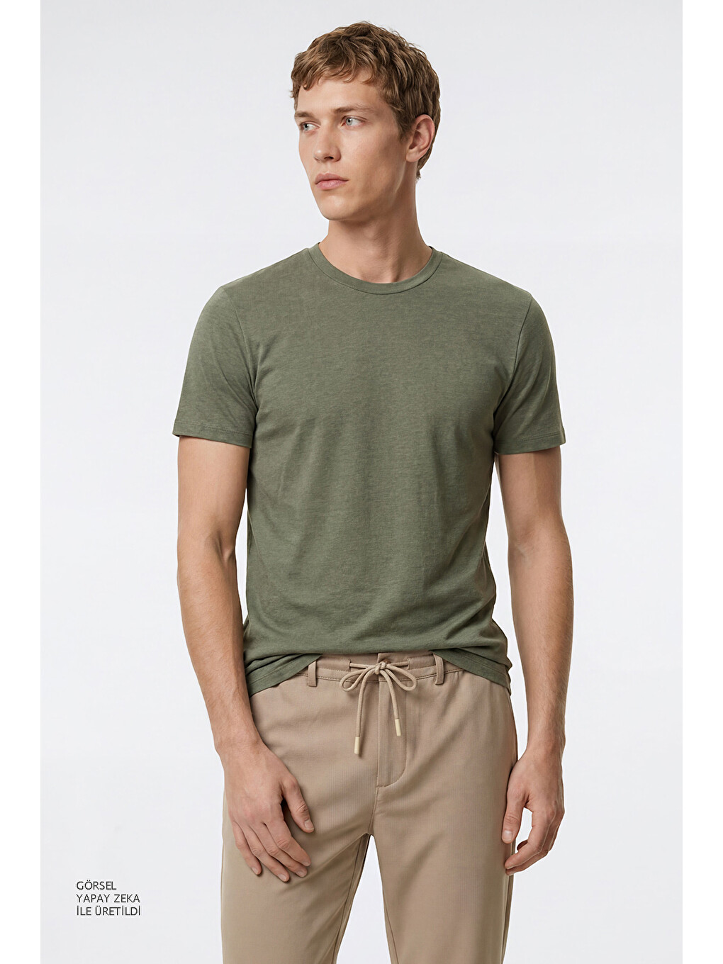 Erkek Yeşil Pamuklu Slim Fit Dar Kesim Bisiklet Yaka Tişört-2