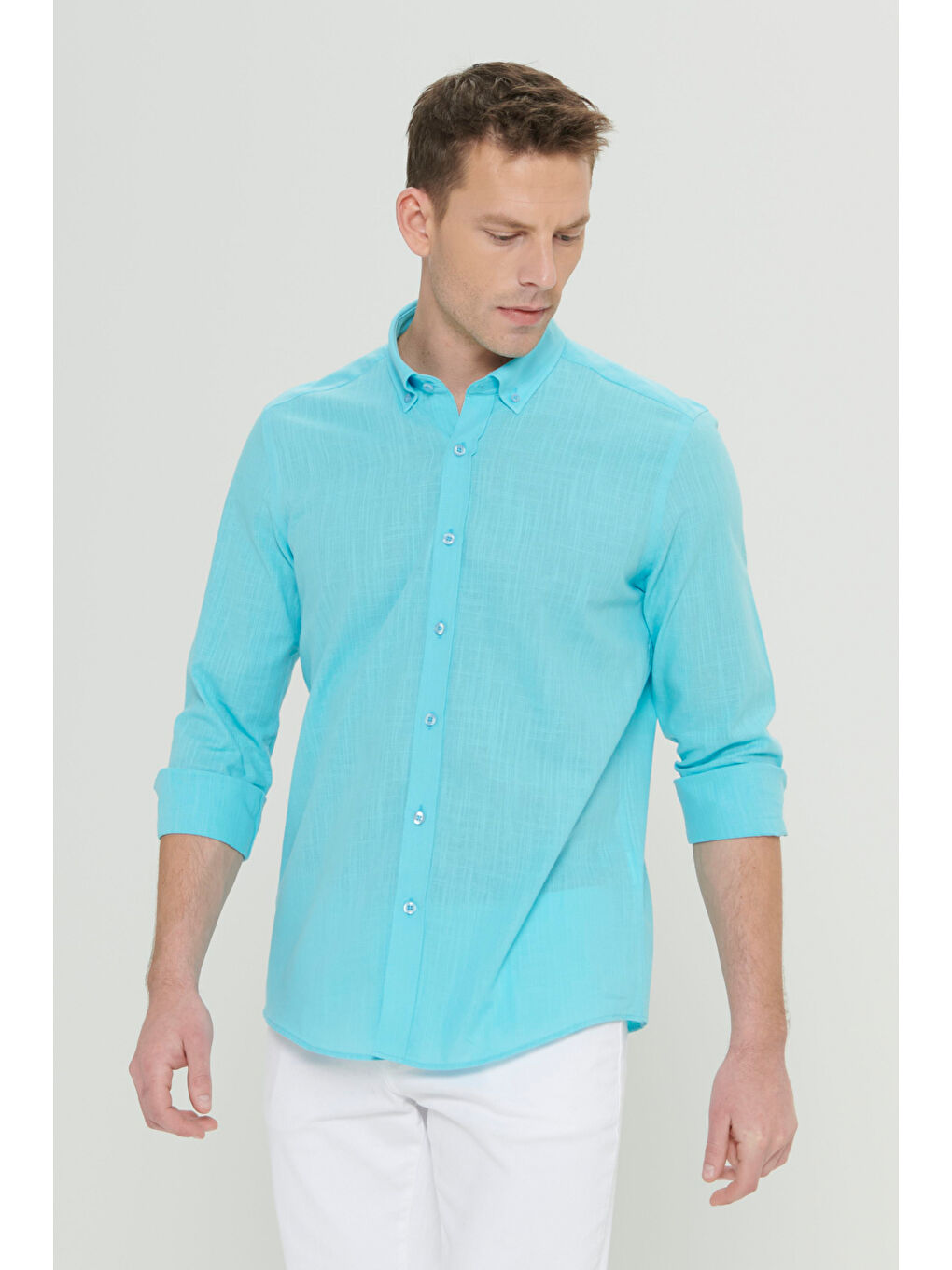 Erkek Turkuaz %100 Pamuk Oxford Slim Fit Dar Kesim Düğmeli Yaka Flamlı Gömlek