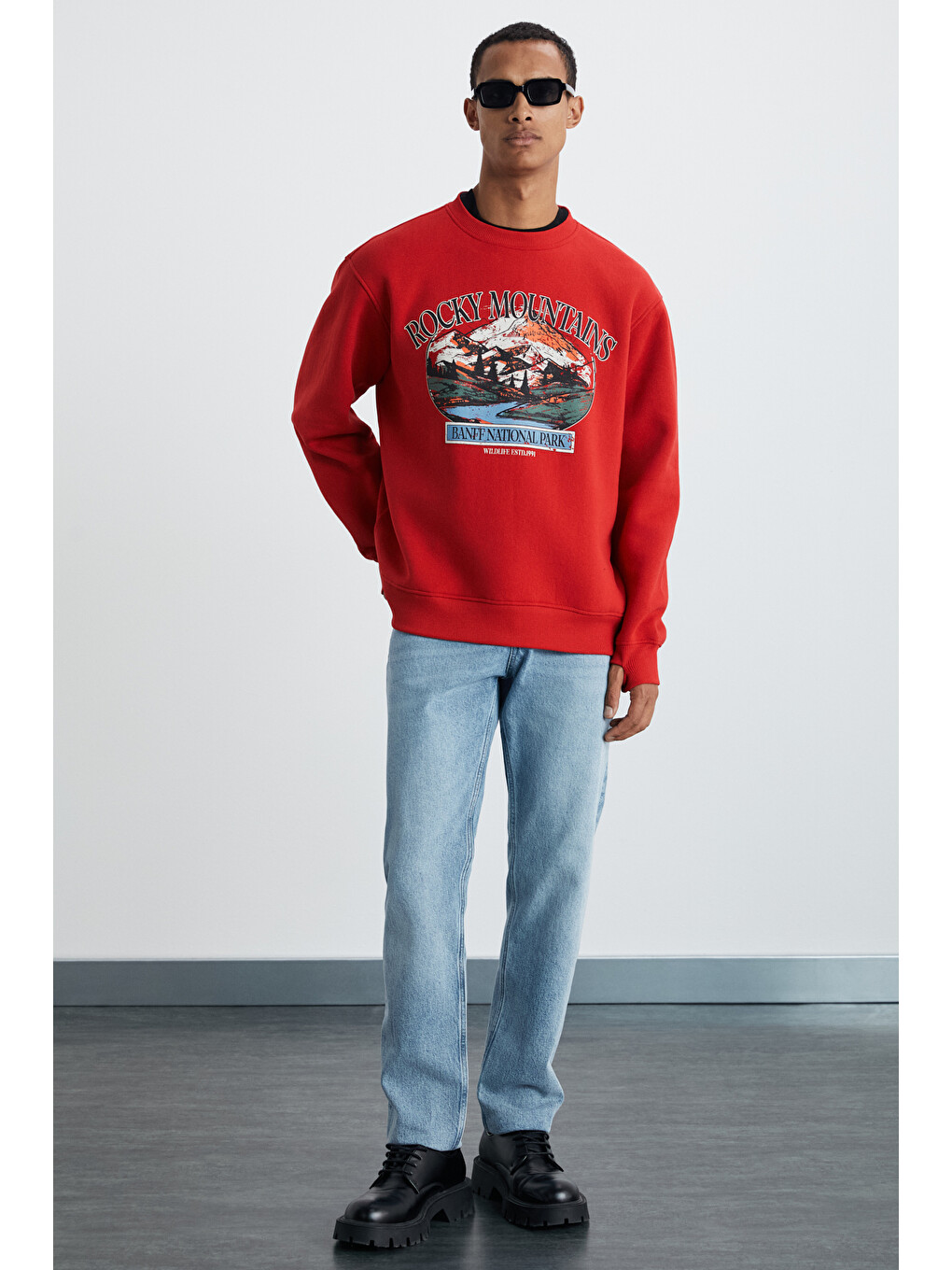 Yanke Erkek İçi Polarlı Önü Baskılı Yuvarlak Yaka Parmak Geçme Detaylı Kırmızı Sweatshirt-2