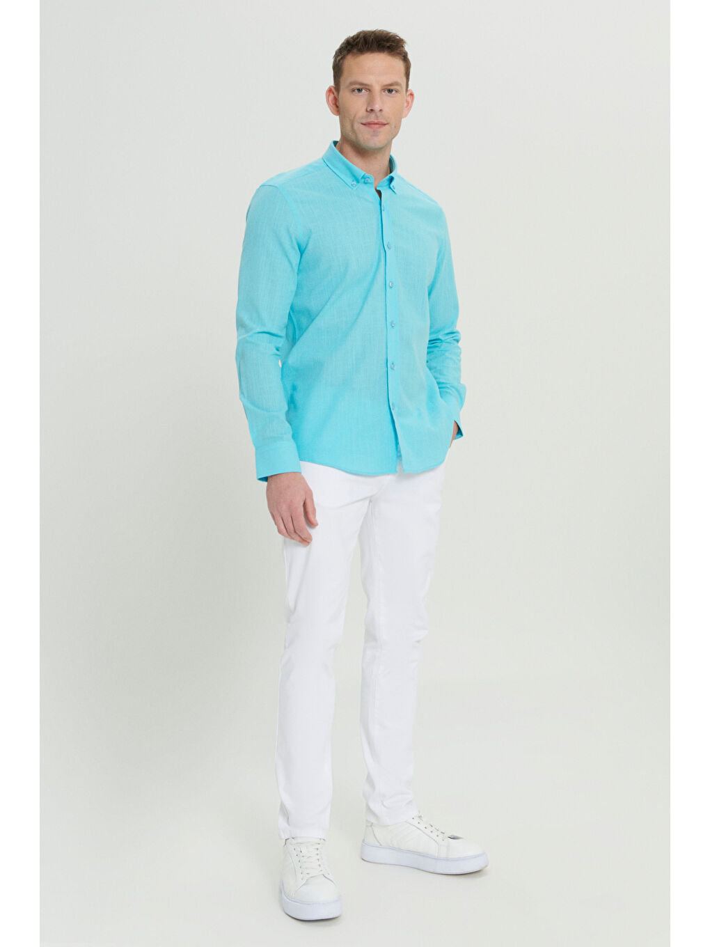 Erkek Turkuaz %100 Pamuk Oxford Slim Fit Dar Kesim Düğmeli Yaka Flamlı Gömlek-1