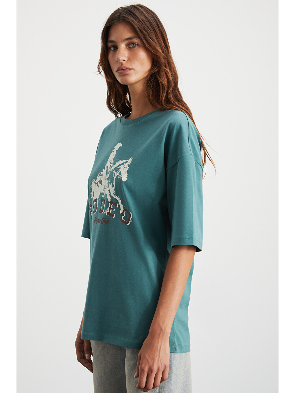 Yeşil MAJER Kadın %100 Organik Pamuklu Western Tema Baskılı Regular Fit YEŞİL T-Shirt-5