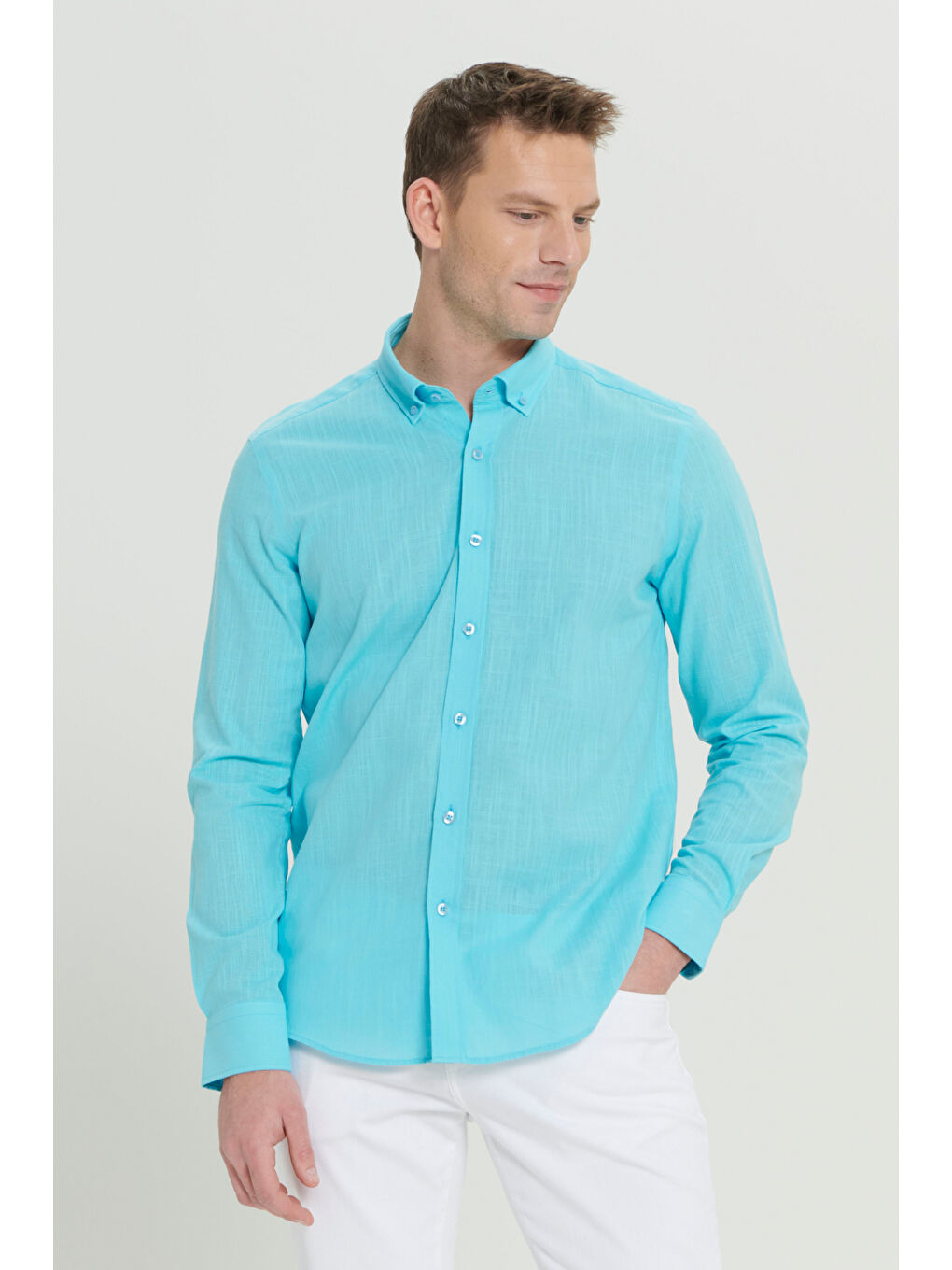 Erkek Turkuaz %100 Pamuk Oxford Slim Fit Dar Kesim Düğmeli Yaka Flamlı Gömlek-2