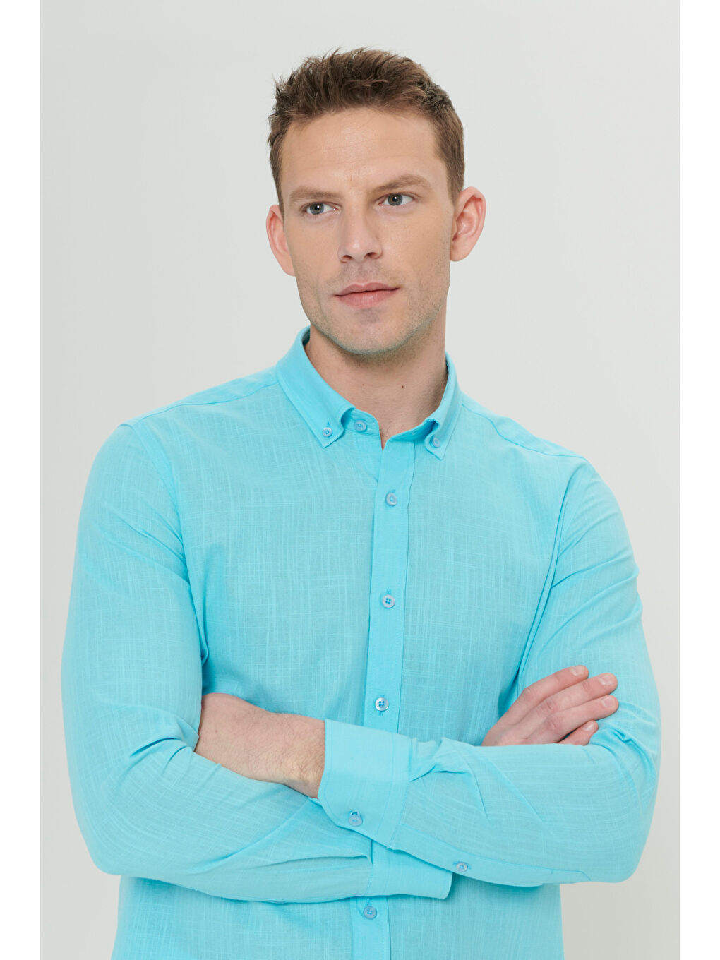 Erkek Turkuaz %100 Pamuk Oxford Slim Fit Dar Kesim Düğmeli Yaka Flamlı Gömlek-3