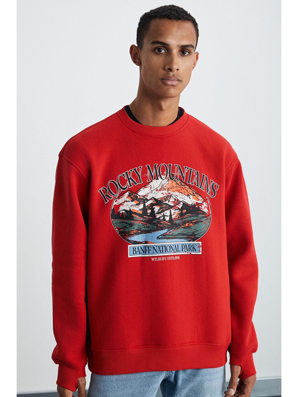 Yanke Erkek İçi Polarlı Önü Baskılı Yuvarlak Yaka Parmak Geçme Detaylı Kırmızı Sweatshirt-3