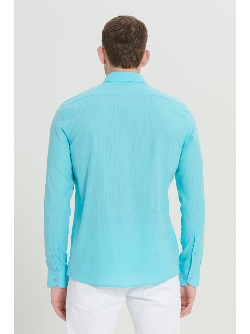 Erkek Turkuaz %100 Pamuk Oxford Slim Fit Dar Kesim Düğmeli Yaka Flamlı Gömlek-5