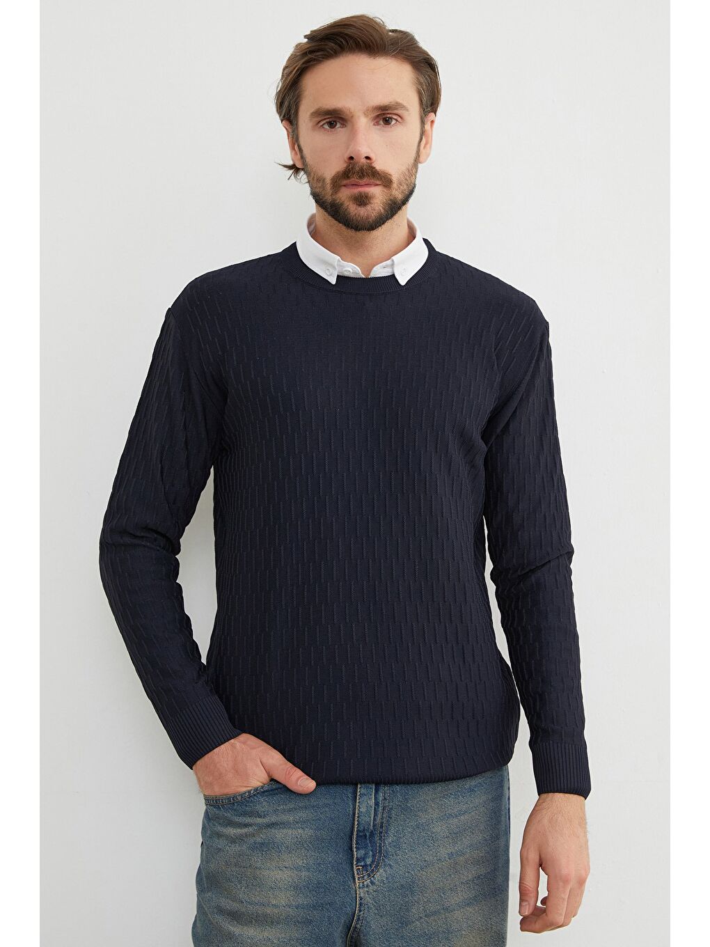 Lacivert Basic Bisiklet Yaka Triko Kazak