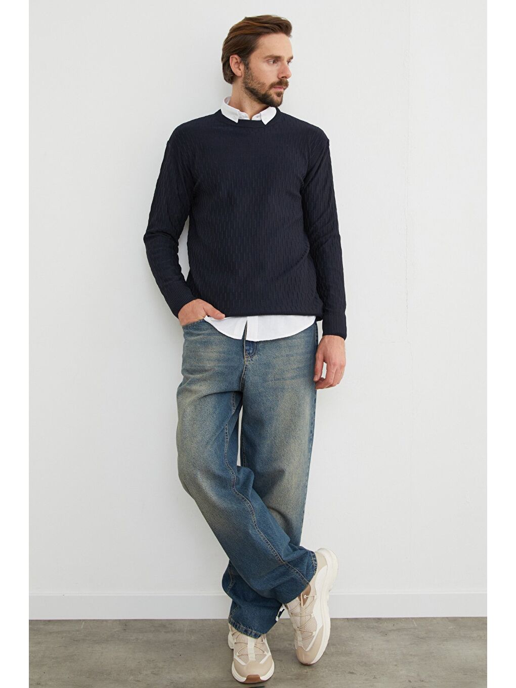 Lacivert Basic Bisiklet Yaka Triko Kazak-1