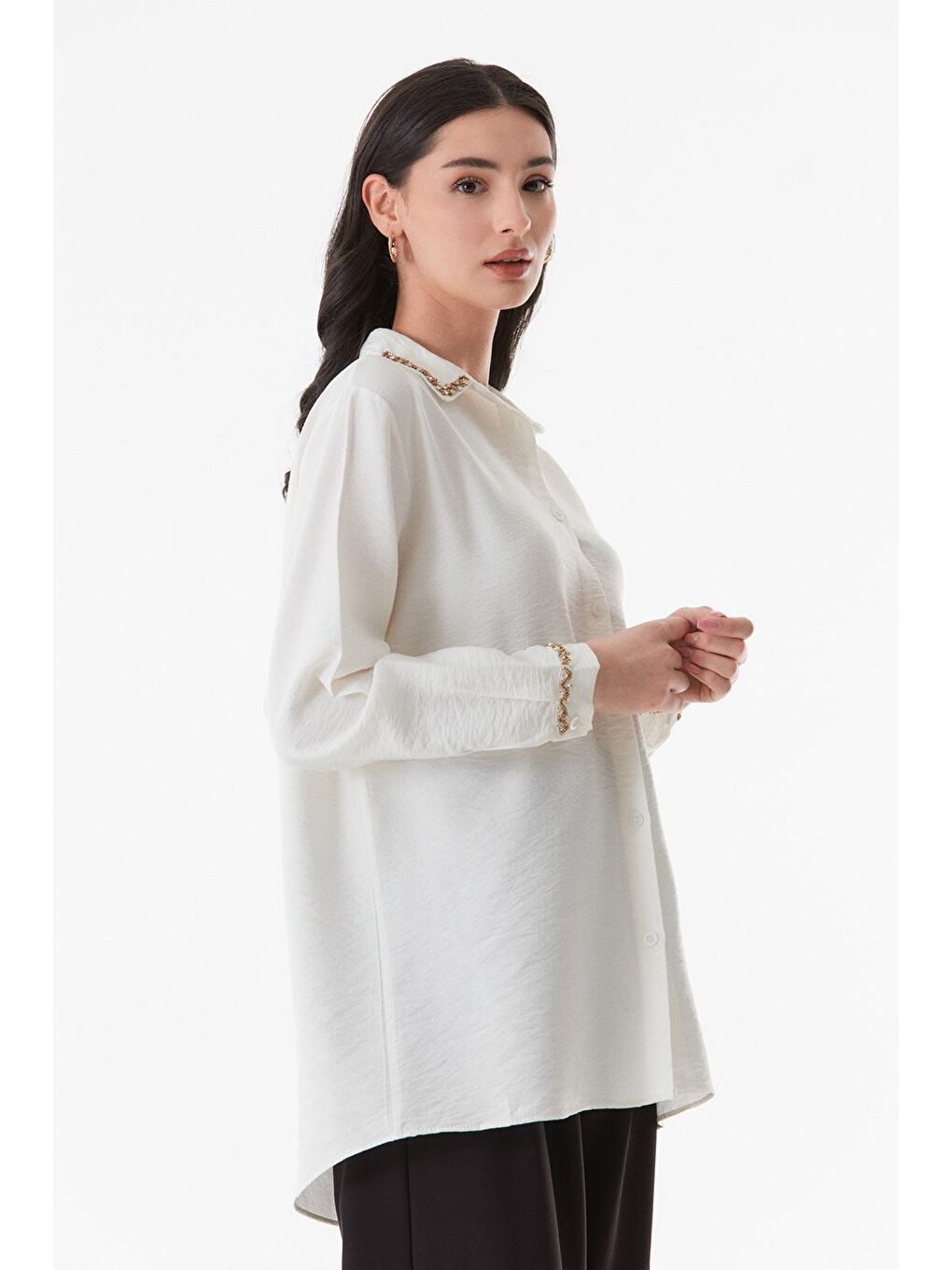 Ekru Taş Detaylı Salaş Gömlek-2