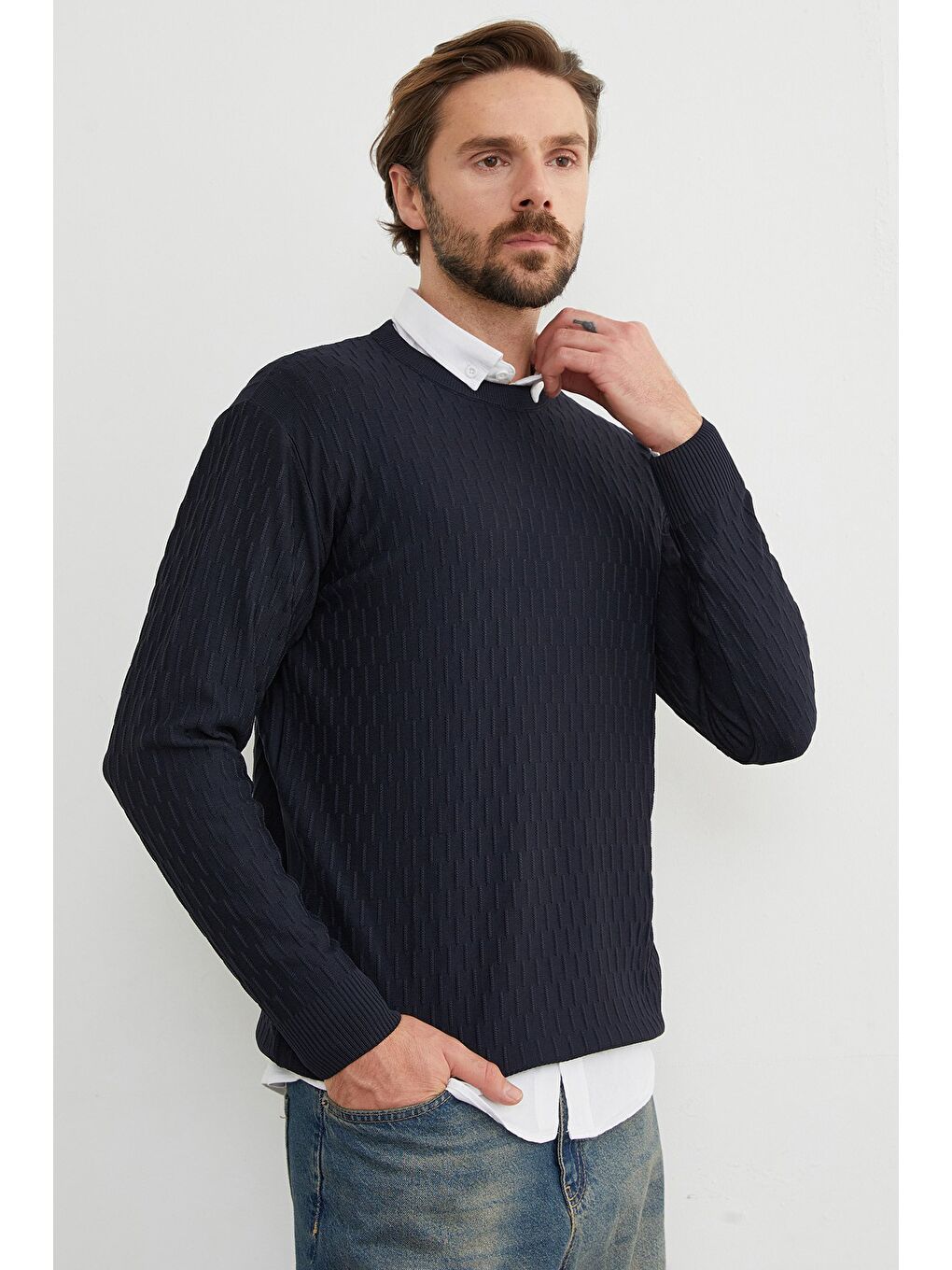 Lacivert Basic Bisiklet Yaka Triko Kazak-2