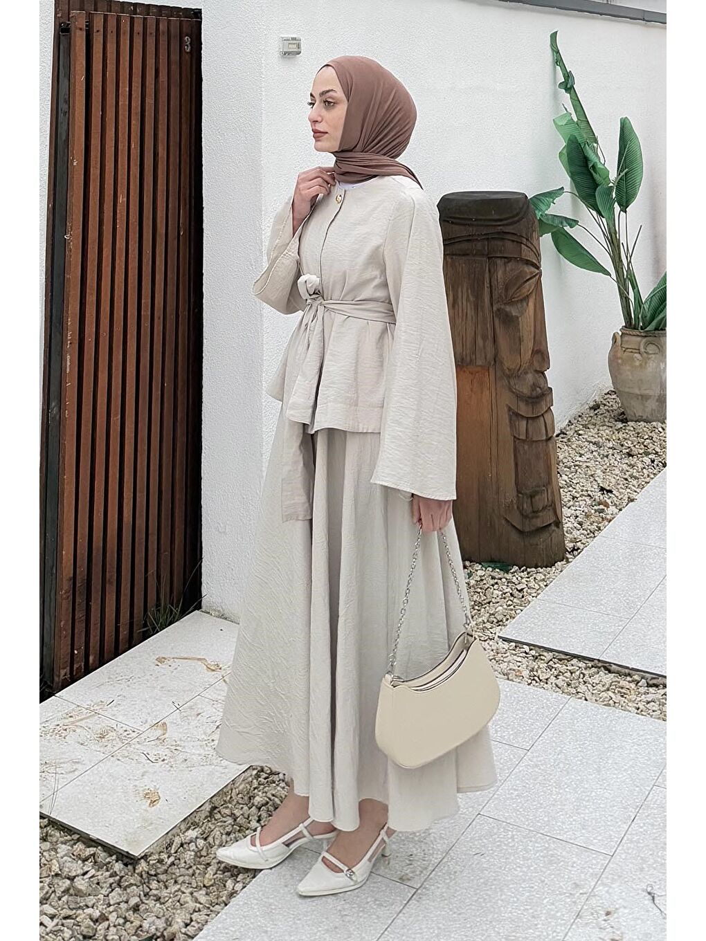 Bağcıklı Etek-Bluz İkili Takım Bej-1