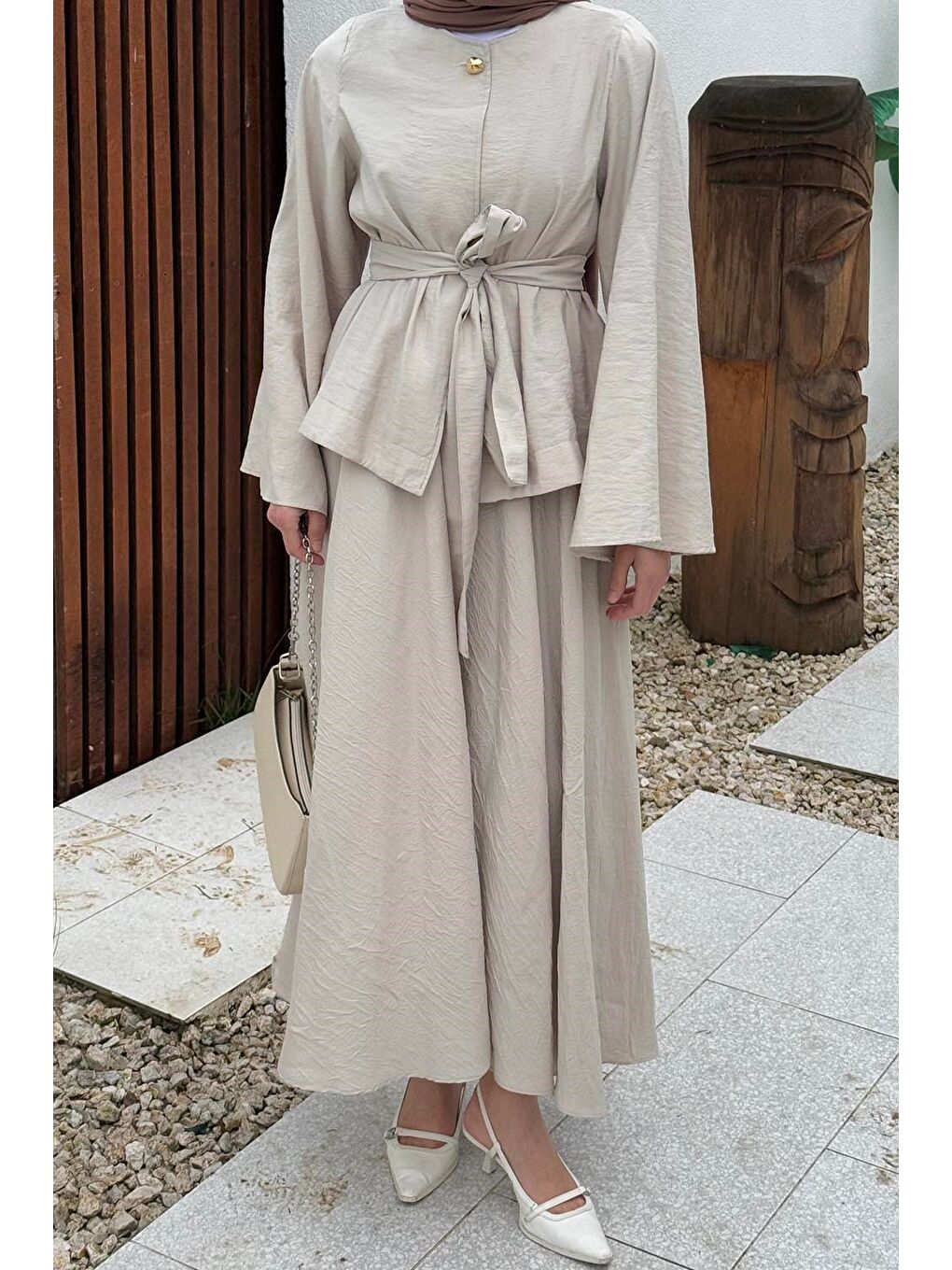 Bağcıklı Etek-Bluz İkili Takım Bej-2