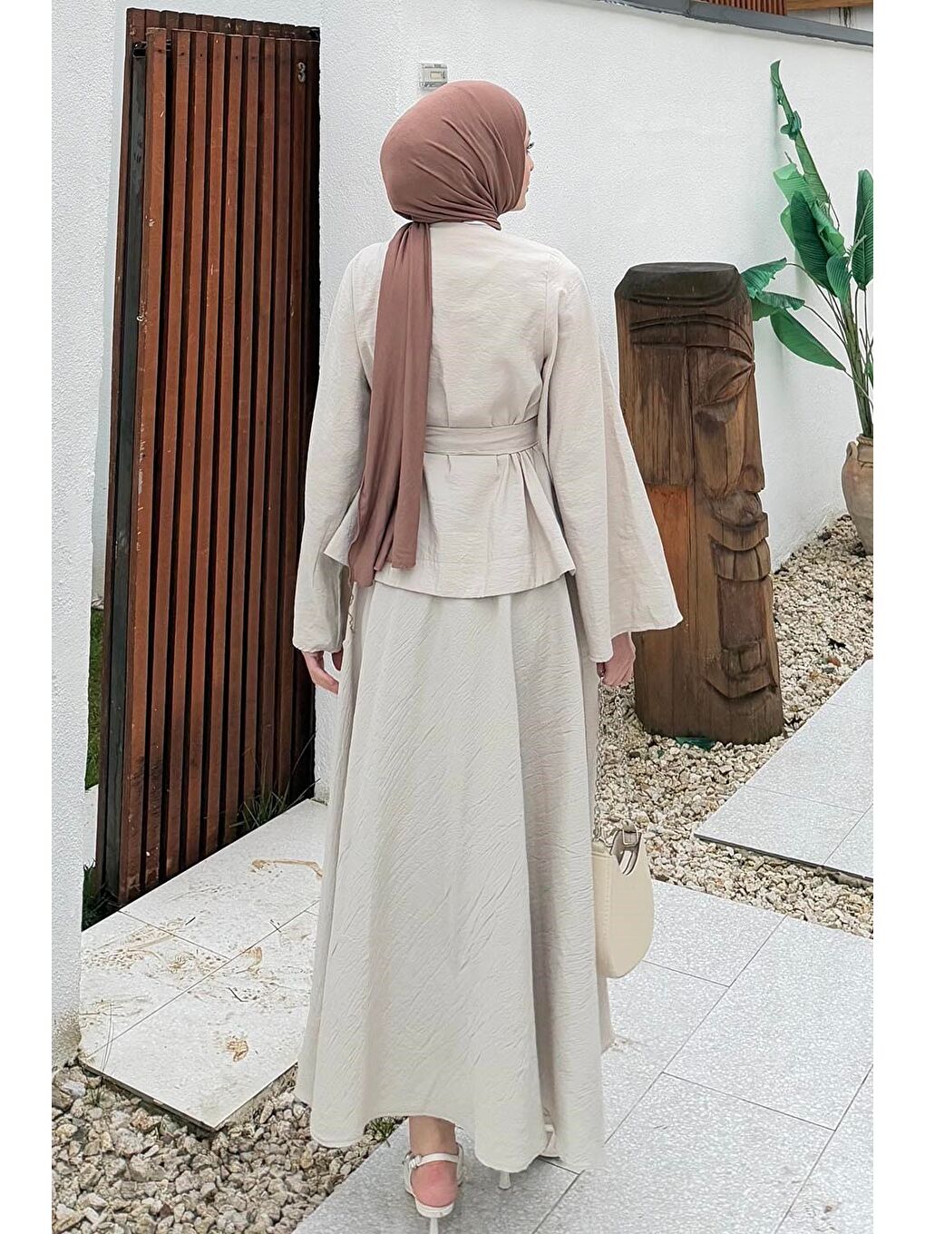 Bağcıklı Etek-Bluz İkili Takım Bej-3