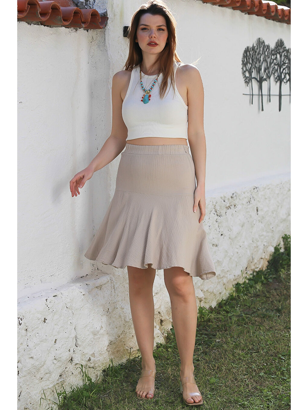 Bej Yıkamalı Kloş Kesim Kuşaklı Casual Müslin Dokuma Şort Etek 60 55-2